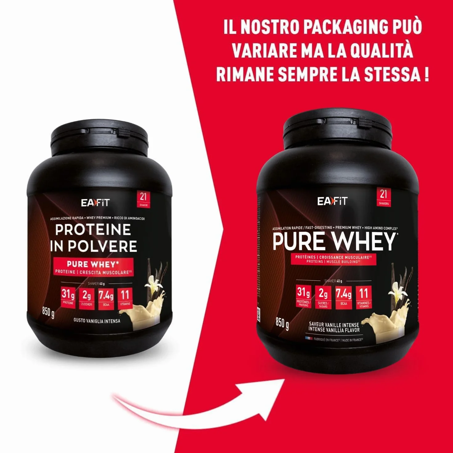 Proteine in Polvere Whey 850 g Gusto Vaniglia | 31 g Proteine per Shaker | Whey Protein Concentrate e Isolate | BCAA + L-Glutammina + Taurina | Integratore Massa Muscolare | 11 Vitamine