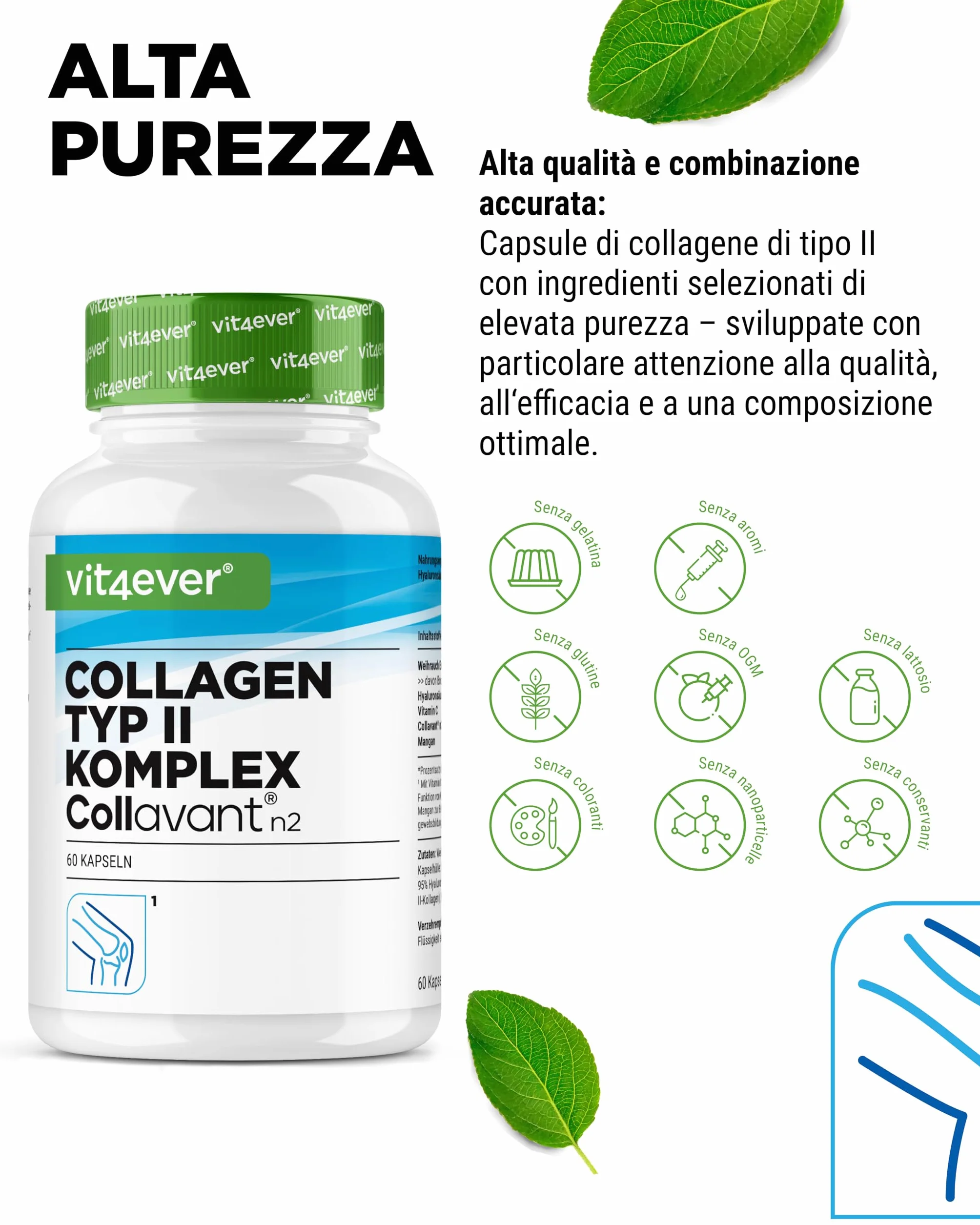 Complesso Collagene di tipo II con Collavant n2®, acido ialuronico, vitamina C, manganese per ossa e articolazioni