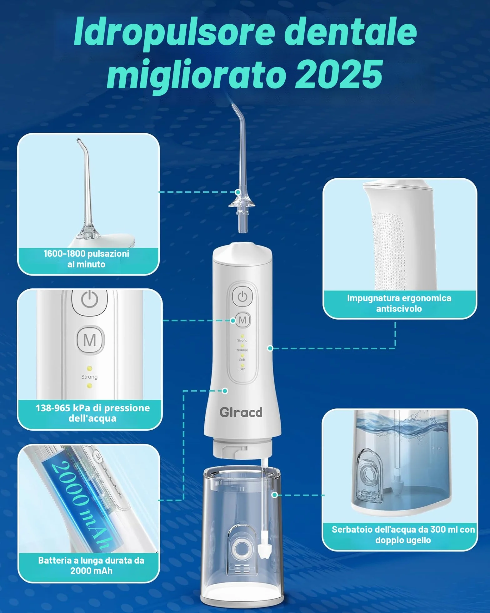 Vincitore del test Irrigatore Orale 2025, 4 Modalità, Senza Fili, Serbatoio 300 ml, 6 Punte a Getto di Pressione