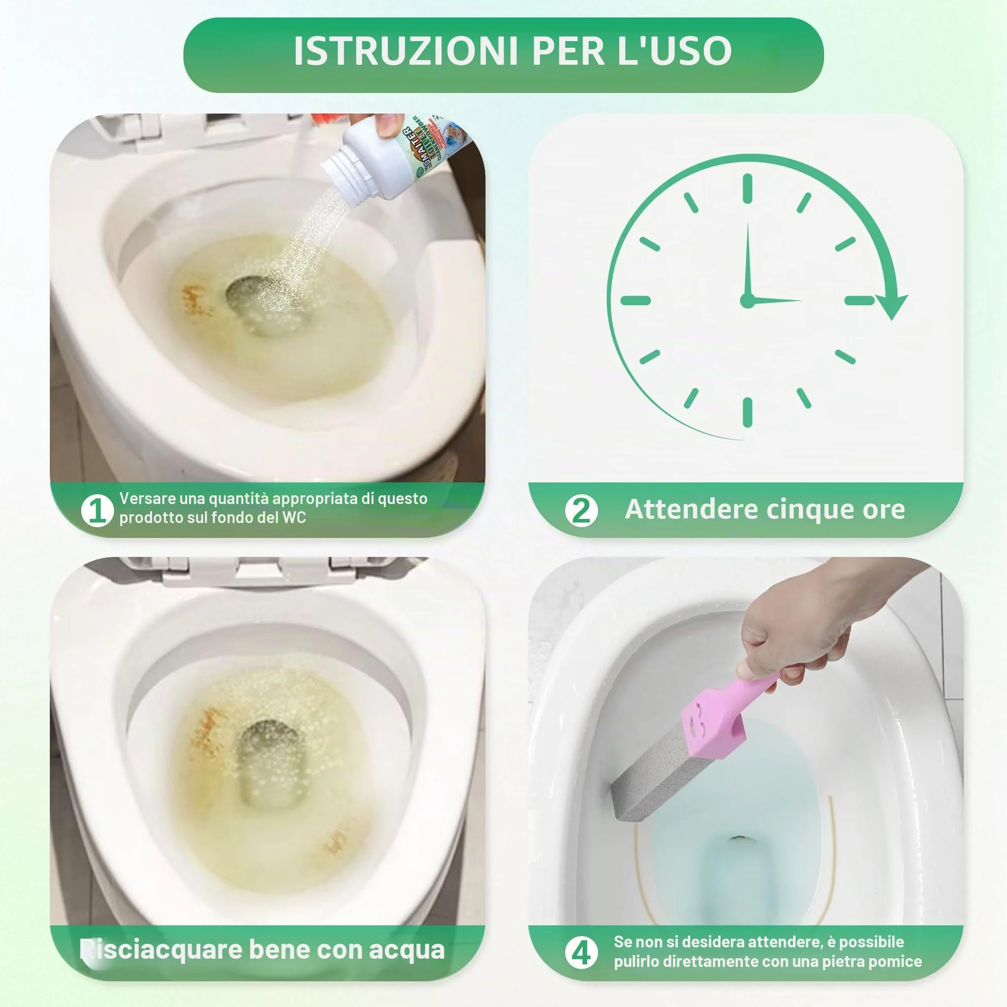 Pietra pomice per la pulizia del water, detergente per WC, rimozione di calcare, depositi di calcare e ruggine adatto per la pulizia della toilette (1 powder+2 Pumice)