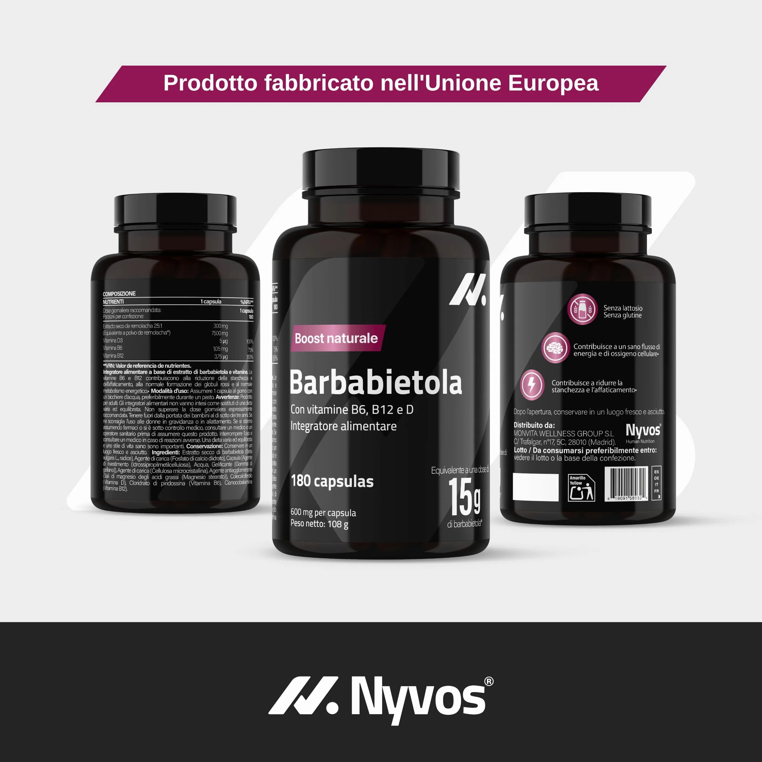 Barbabietola 25:1 180 Capsule Vegane Supporto Ossido Nitrico Nitrati Naturali Vitamine B6 B12 D Energia senza Caffeina