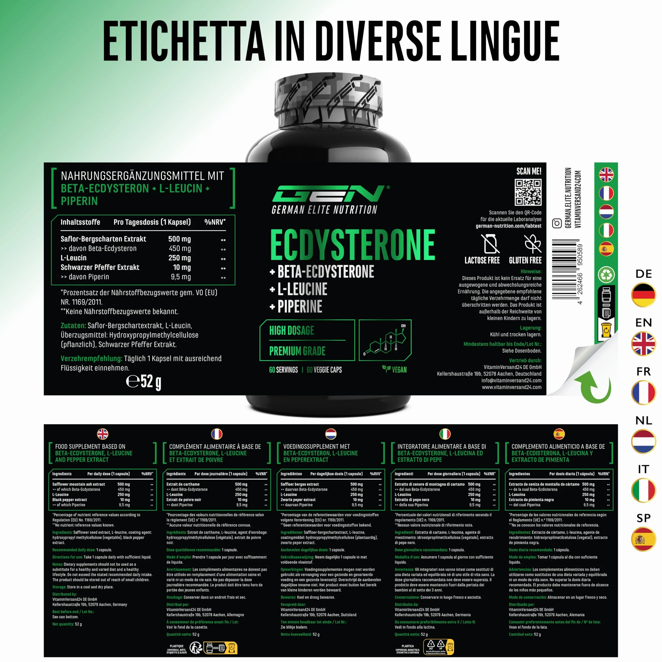Complesso di ecdisterone - 760 mg per capsula – Con 90% beta-ecdisterone, L-leucina e piperina – Ad alto dosaggio & qualità premium - 60 capsule vegane