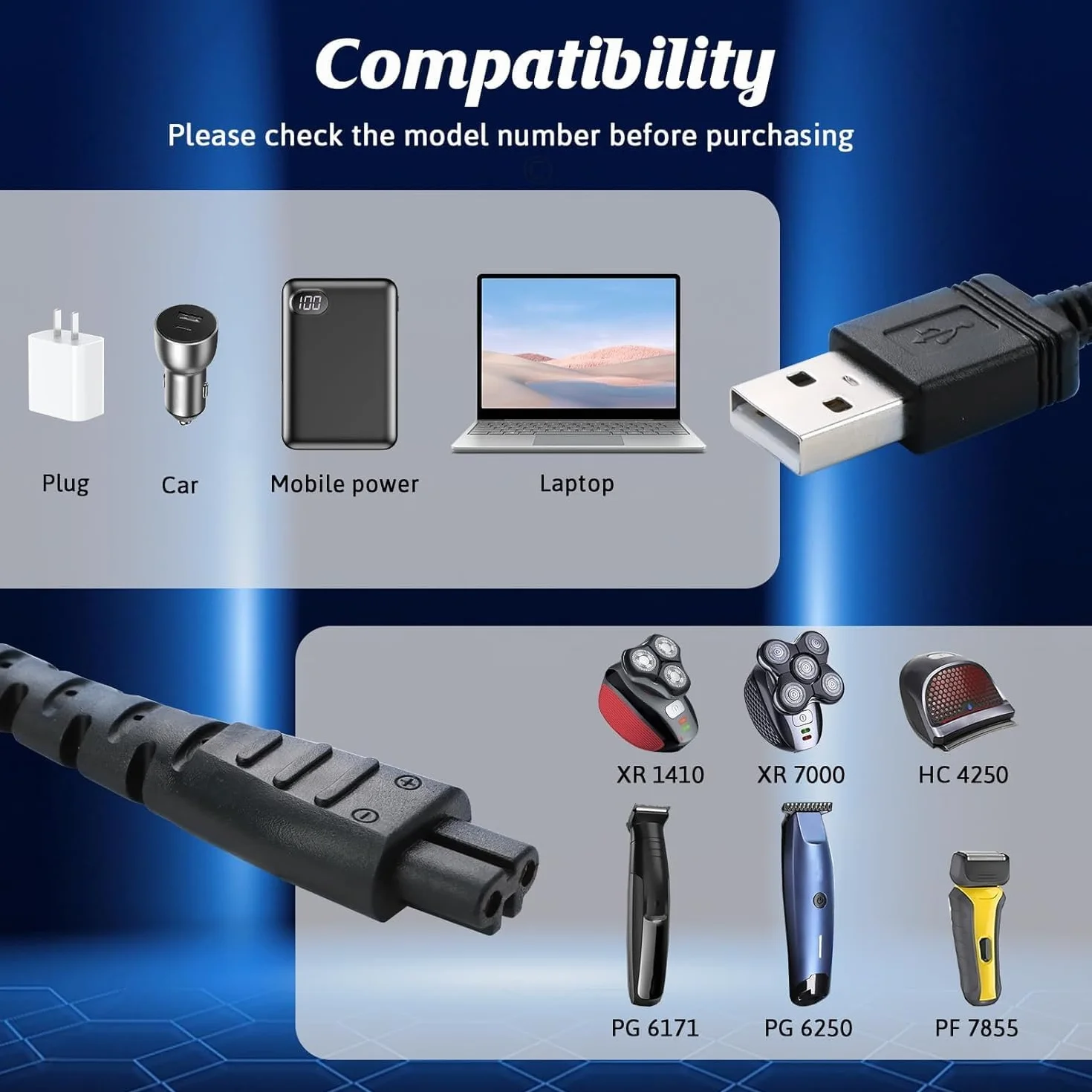 Cavo caricabatterie 5V USB per rasoio Remington HC4250 HC4255 F3 PF7500 MB4200 MB4130 XR1330 XR1350 XR1400 XR1470