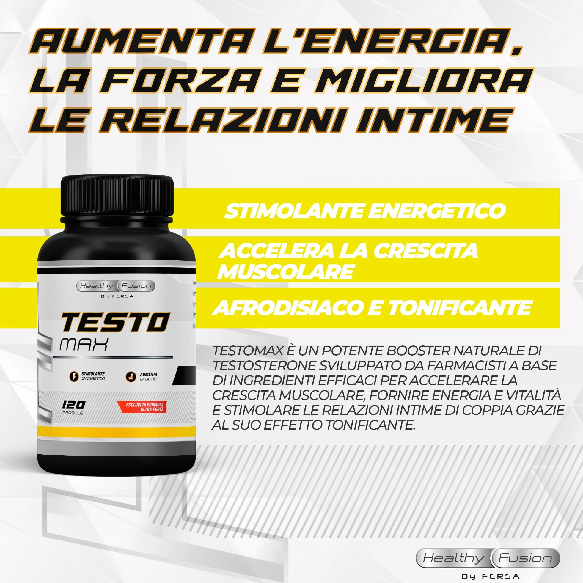 Booster di Testosterone per uomo | Energia, forza, muscolazione e vigore | Maca Andina, Ginseng, Tribulus e Taurina | Aumenta l'energia e migliora le prestazioni sportive e muscolari | 120 caps