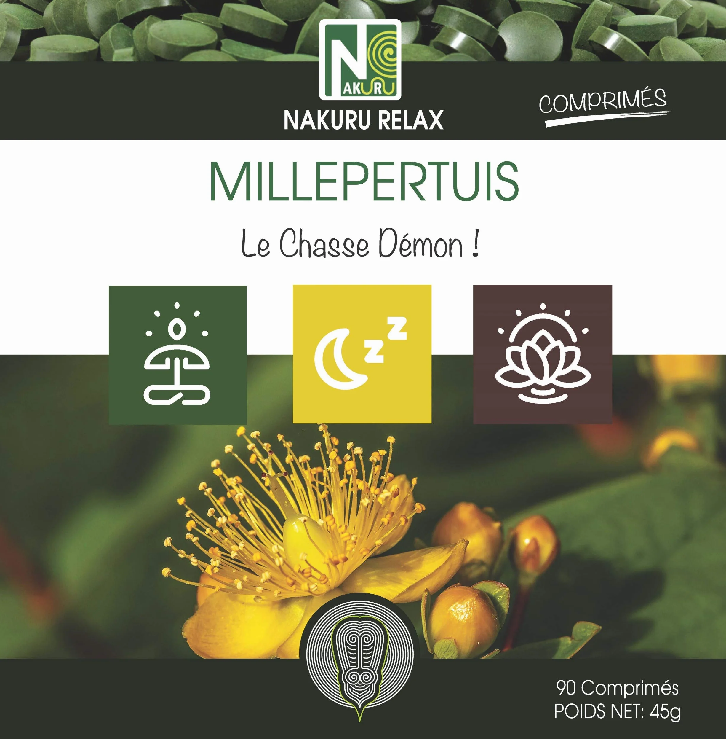 Erba di San Giovanni | 90 compresse da 500mg | NAKURU Relax | Polvere organica secca e compressa a freddo | Analizzata e condizionata in Francia | "La Caccia al Demone!"