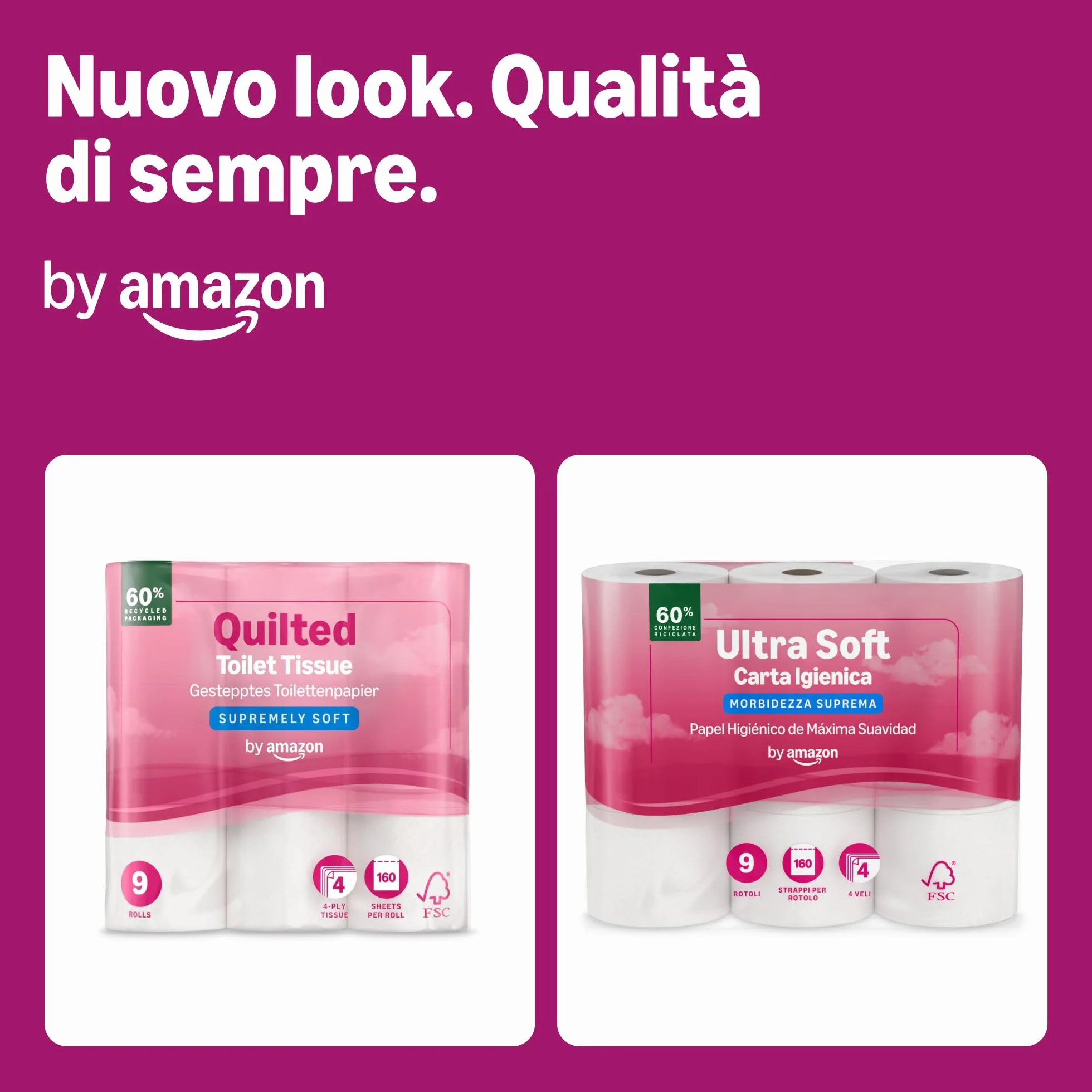 Carta Igienica Ultra Morbida 4 Veli 9 Rotoli 160 Strappi Certificata FSC by Amazon