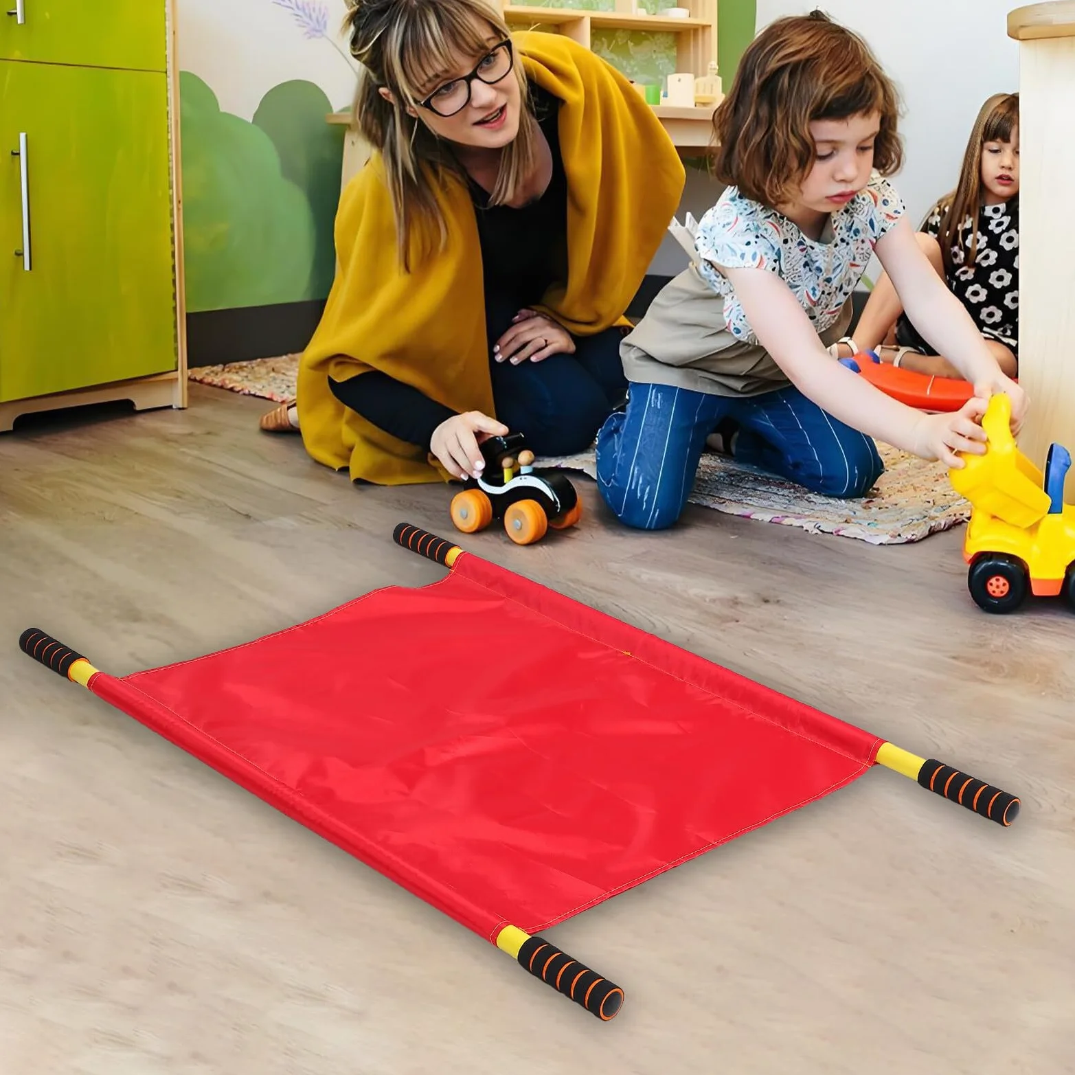 Barella Portatile Pieghevole Rossa in Metallo e Tessuto per Bambini, Gioco Sensoriale Educativo