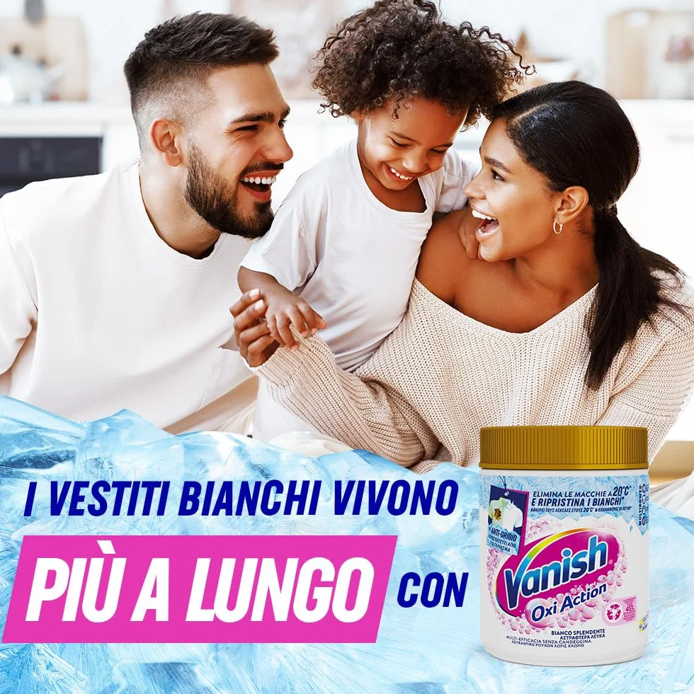 Vanish Oxi Action Multipower Polvere Bianco Splendente, Smacchiatore per Capi Bianchi, 1 Confezione da 1Kg per Bucato, Additivo Lavatrice Multiazione senza Candeggina