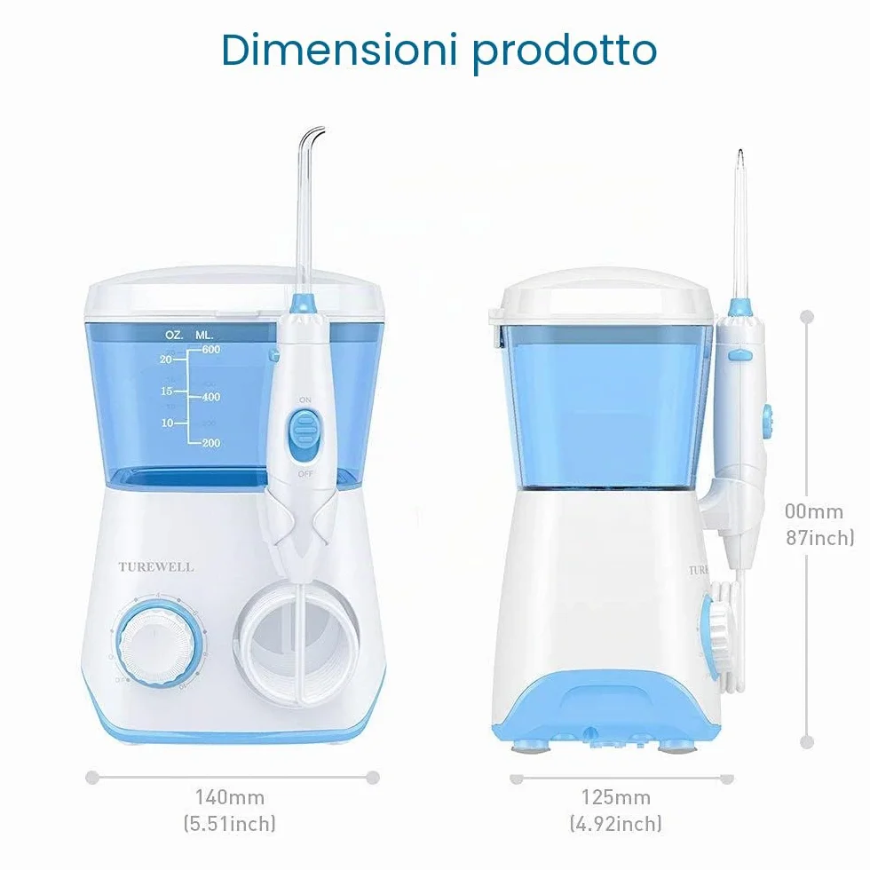 Idropulsore Dentale, TUREWELL Irrigatore Orale Getto Acqua Denti da Capacità 600ml con 10 Impostazioni, Pulizia Doccetta Idropulitore Dentale con 8 Becchucci per Cura Famiglia Dentale