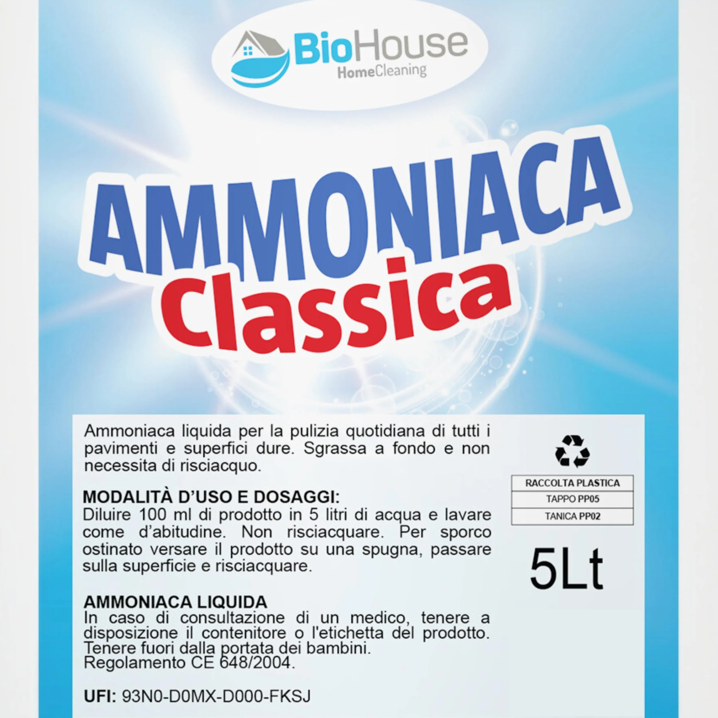 Ammoniaca Liquida 5 Litri per Pavimenti e Superfici Dure Sgrassa