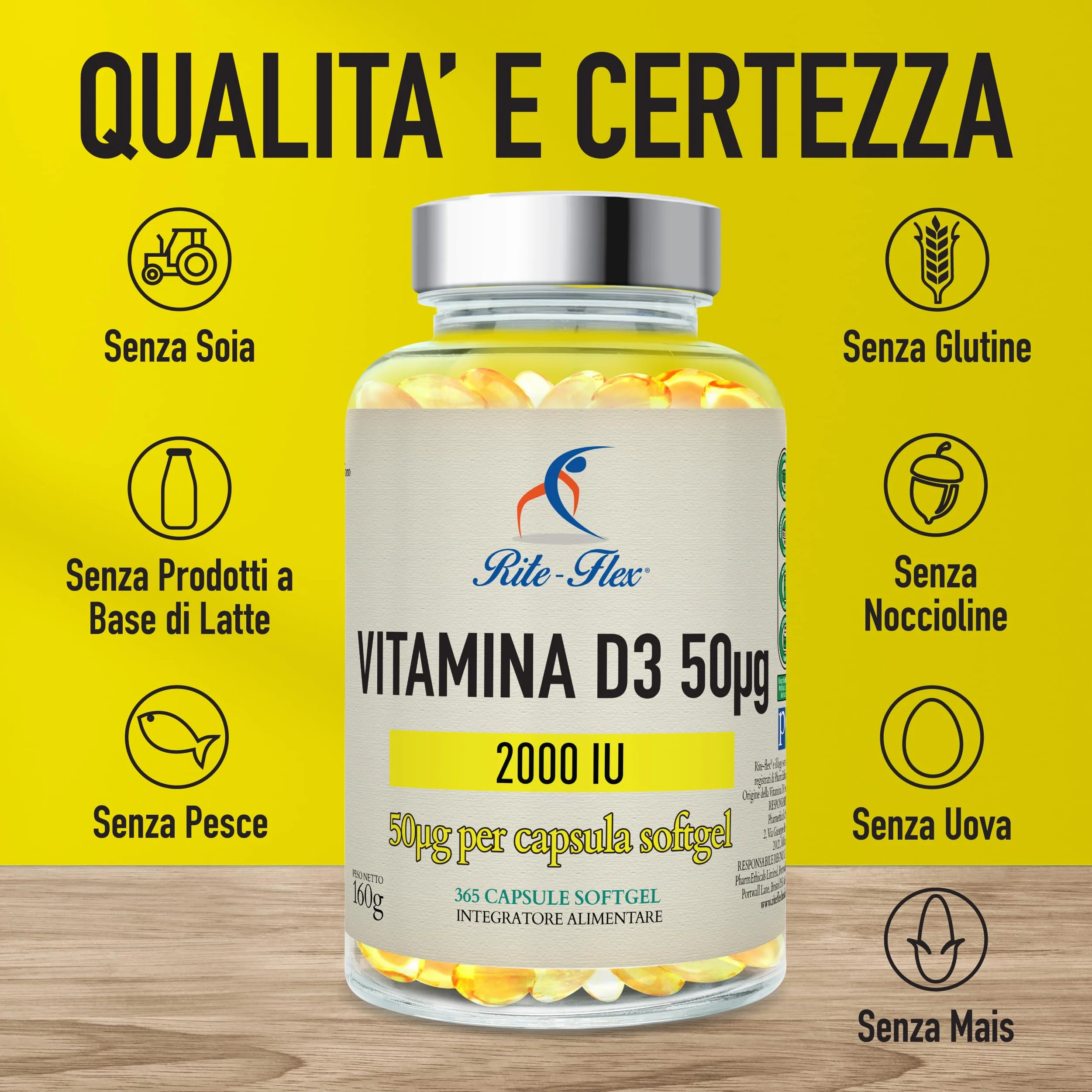 Rite-Flex, Integratore di Vitamina D3 2000 UI (365 Capsule Soft gel)