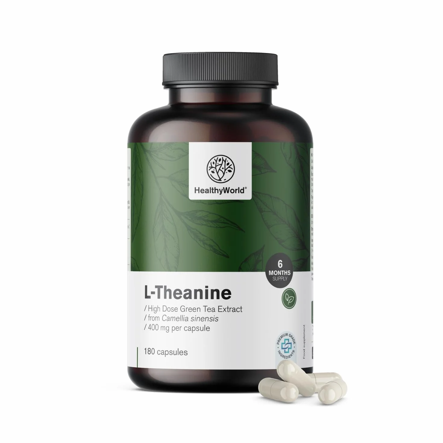 HealthyWorld L-Teanina 400 mg - 180 Capsule - Estratto di tè verde - Alta concentrazione - Aminoacido efficace - Supporto naturale per l'organismo - Vegetariano e non OGM