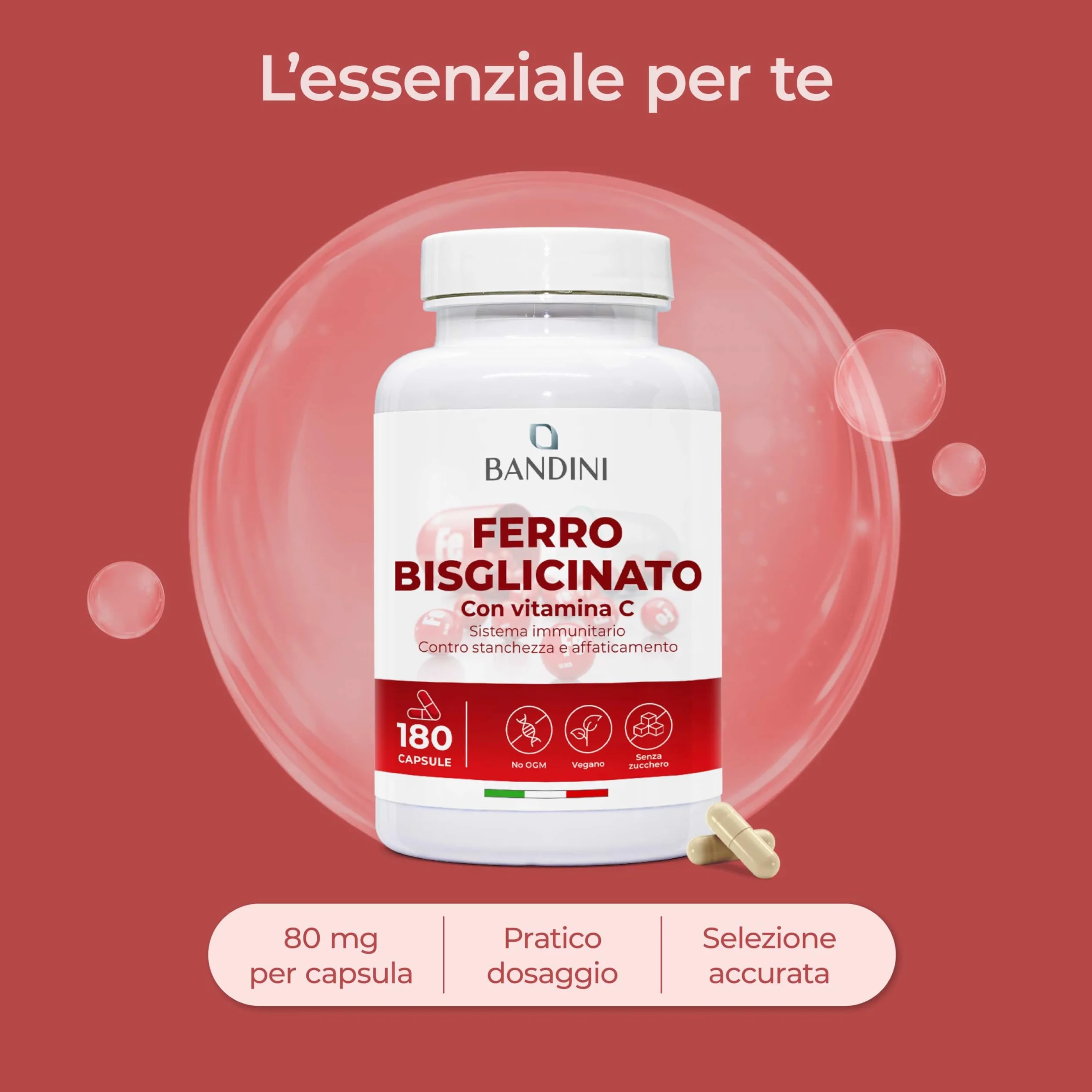 Bandini® Ferro Bisglicinato 80mg + Vitamina C 180 Capsule Vegan (Scorta di oltre 6 Mesi) - Contribuisce al Normale Metabolismo Energetico - Altamente Assimilabile e Biodisponibile - Iron + Vit C 160mg