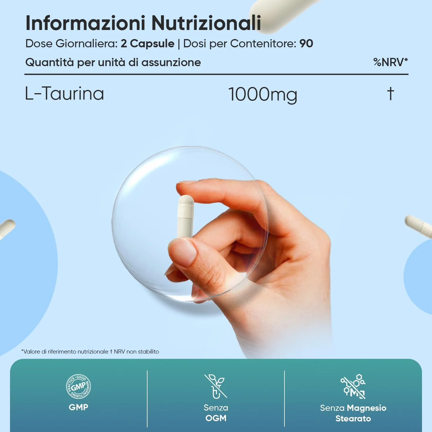Taurina Integratore 1000mg 180 Capsule Polvere Vegana Aminoacidi Essenziali Pre Workout Post Workout Prodotto in Europa
