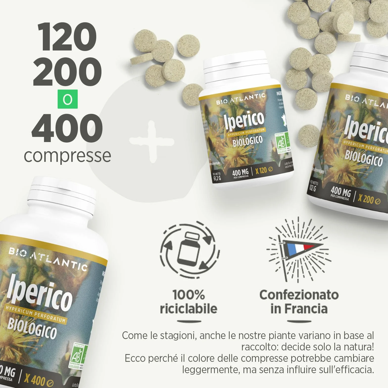Iperico Bio (Erba di San Giovanni) 400mg - 120 compresse, Polvere di Iperico sommità fiorite : 400mg - Agente di carica : carbonato di magnesio