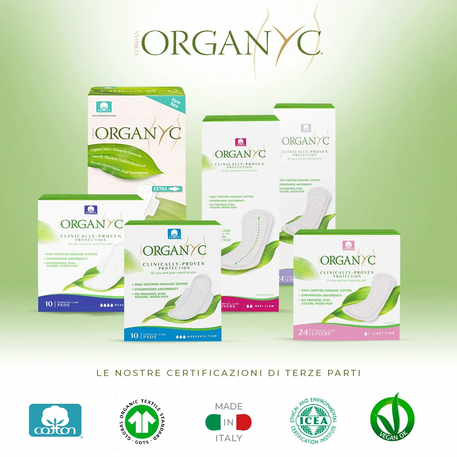 Organyc Assorbenti Giorno con Ali Ripiegate in Cotone Certificato 100% Biologico, 1 Confezione da 10 Unità