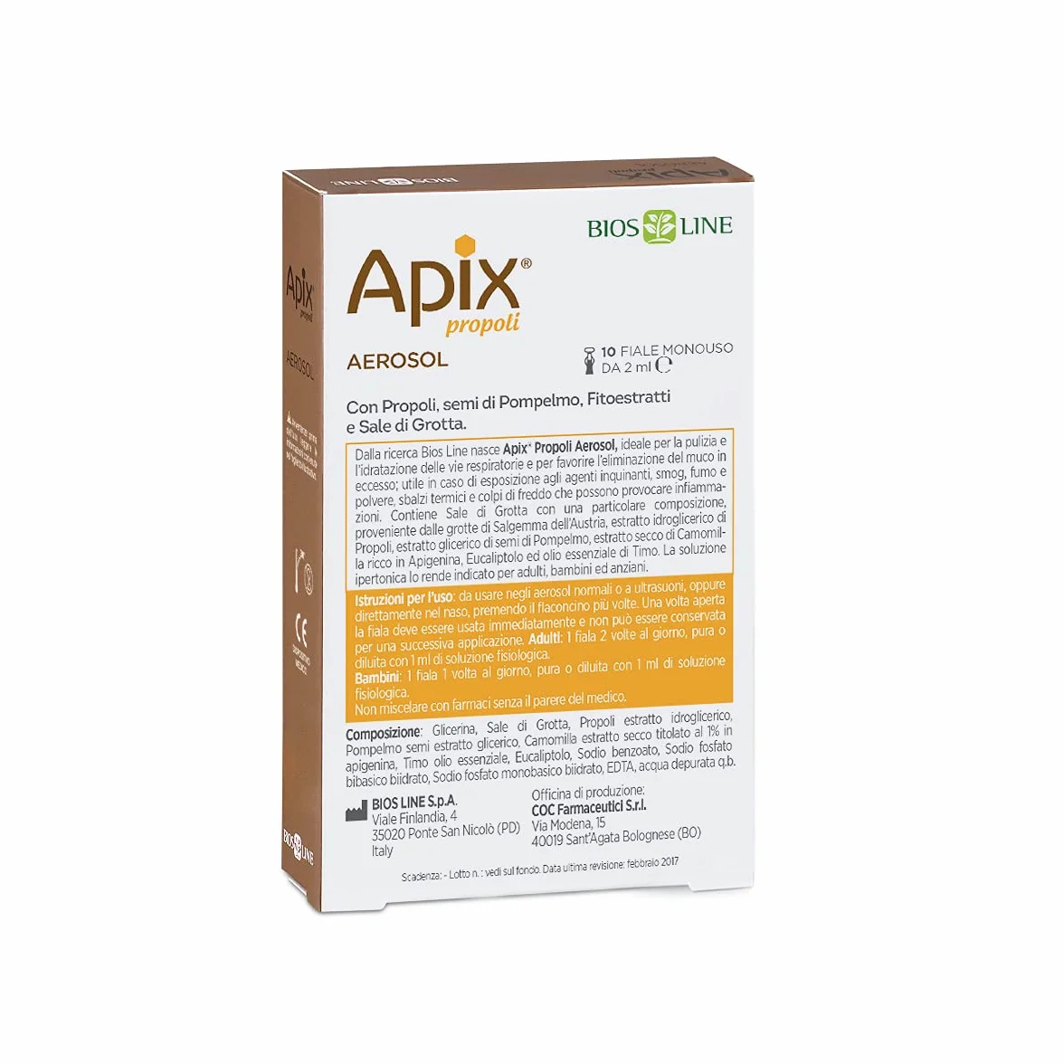 BIOS LINE Apix Propoli Aerosol Dispositivo Medico CE con Propoli naturale e Semi di Pompelmo Monodose 10 fiale da 2 ml