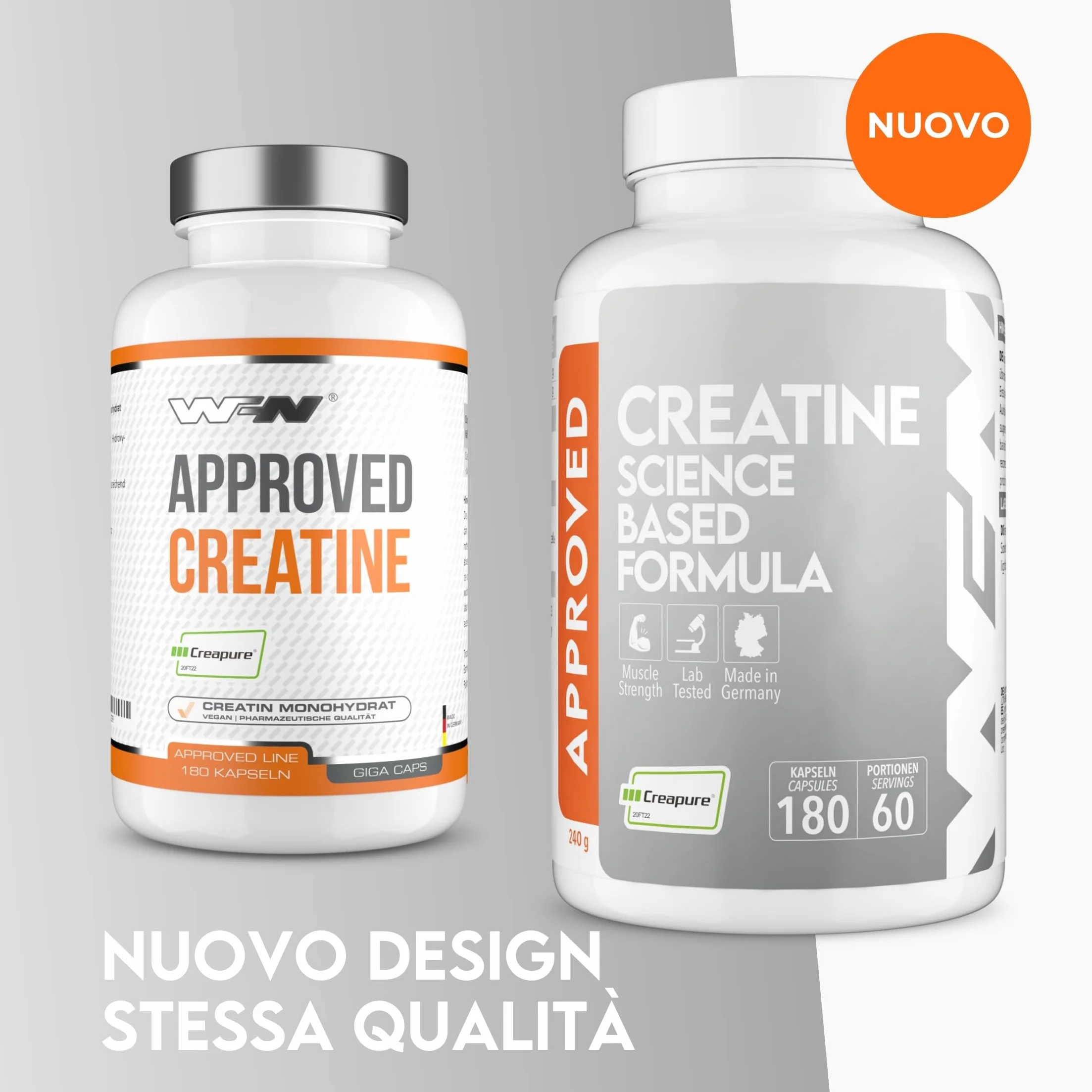 WFN Approved Creatine Caps - Creapure - 180 Capsule di creatina - Giga Caps ad alta dose - Pura creatina monoidrato - Vegano - 60 Porzioni - Prodotto in Germania - Testato in laboratorio esterno