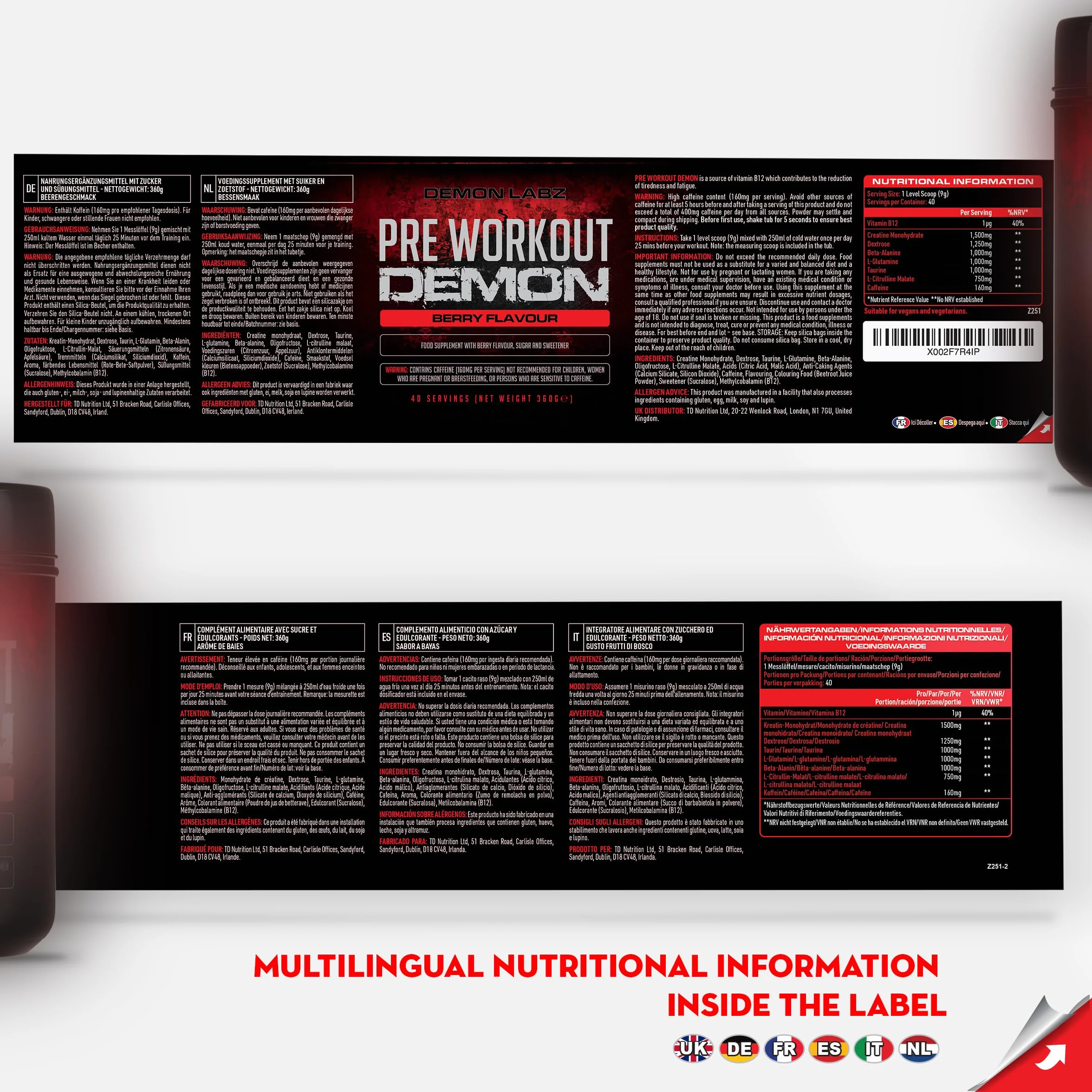Pre Workout Demon Frutti di Bosco - Potente con Creatina, Caffeina e Beta Alanina - Preworkout per Bodybuilding con Pump ed Energia - Integratore Pre Workout in Polvere - 40 Porzioni