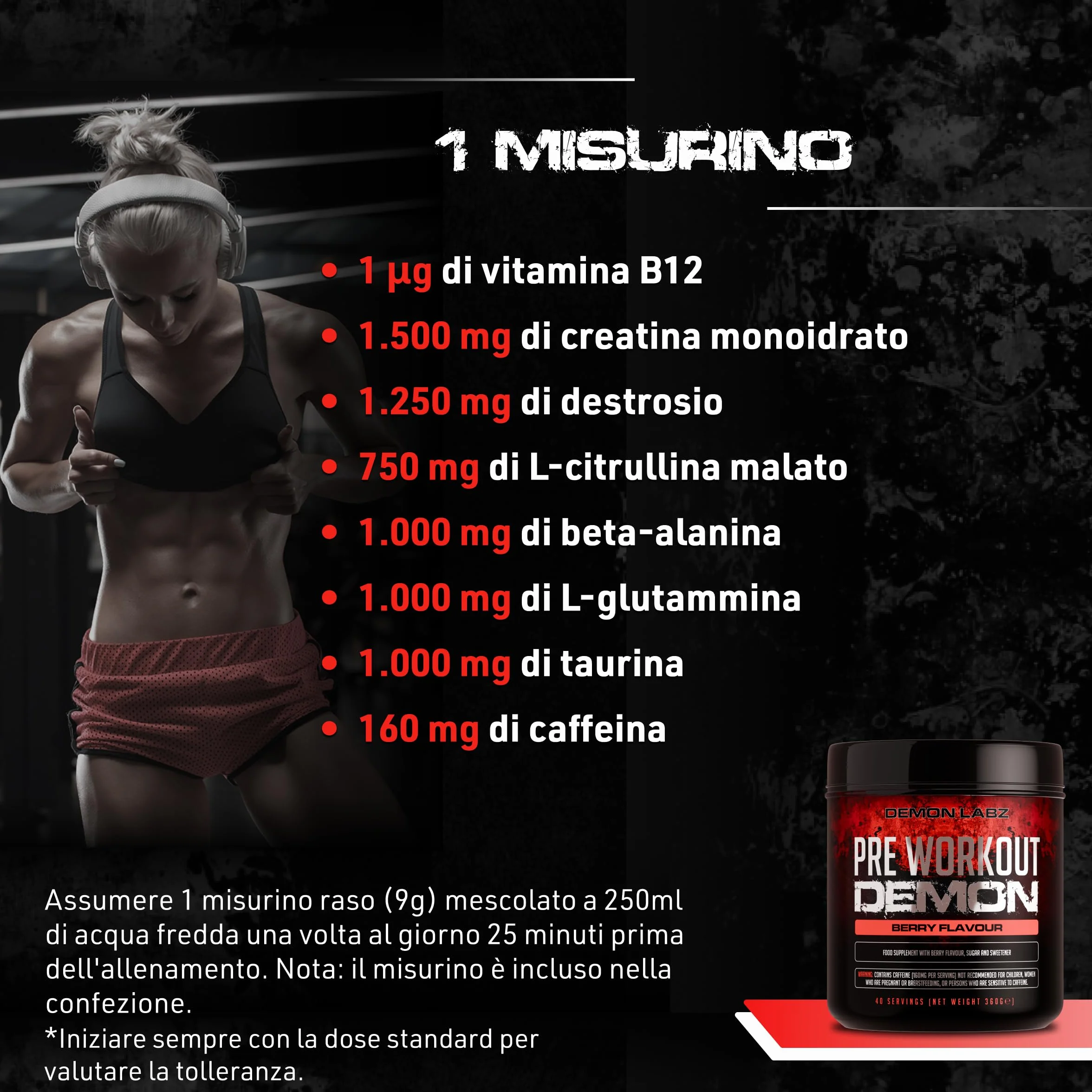 Pre Workout Demon Frutti di Bosco - Potente con Creatina, Caffeina e Beta Alanina - Preworkout per Bodybuilding con Pump ed Energia - Integratore Pre Workout in Polvere - 40 Porzioni