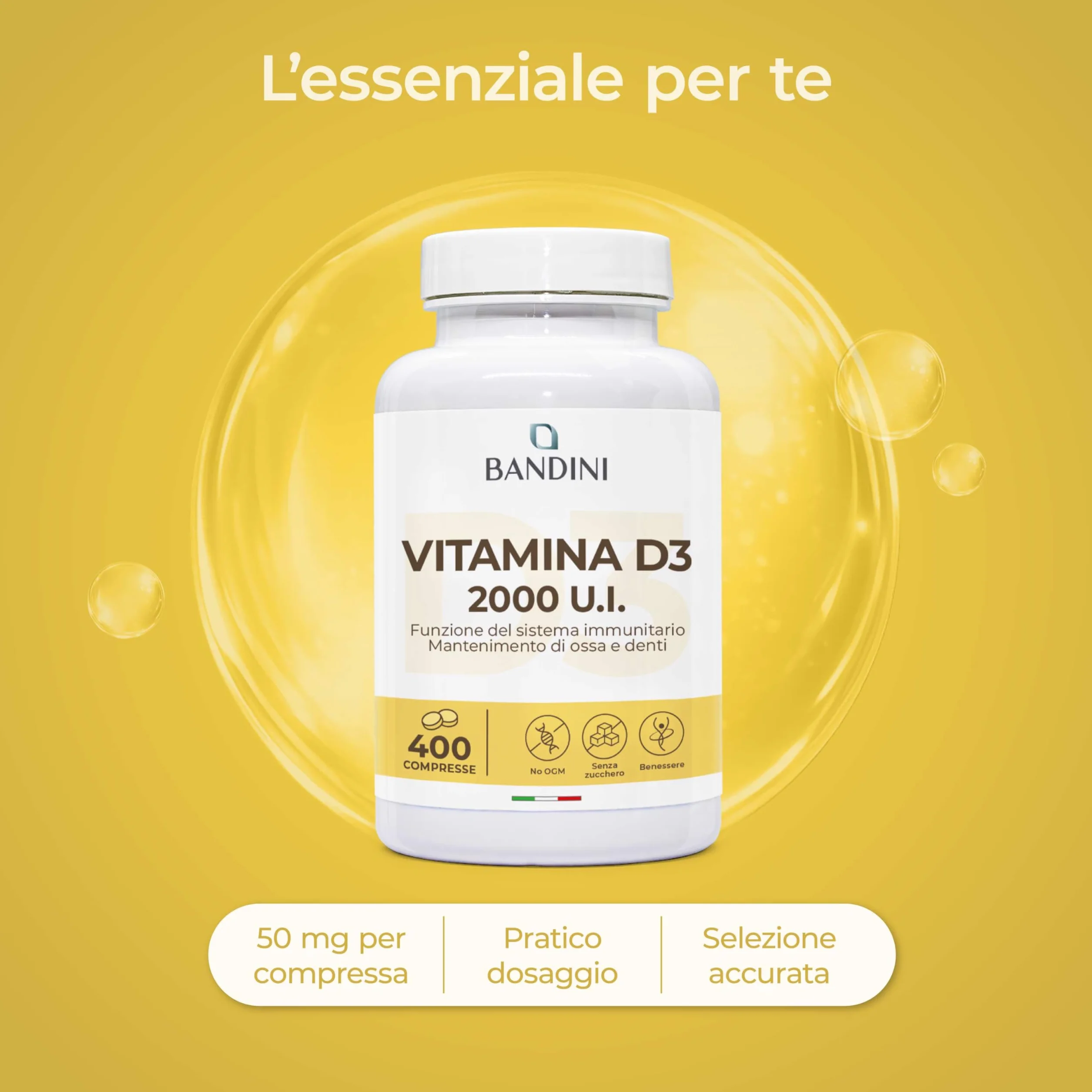 Bandini® Vitamina D 60.000 UI/mese 400 Compresse (+1 Anno), Difese Immunitarie, Salute di Ossa, Denti e Muscoli, Metabolismo del Calcio, 50 mcg di Colecalciferolo, Vitamin D3 Pura ad Alto Dosaggio