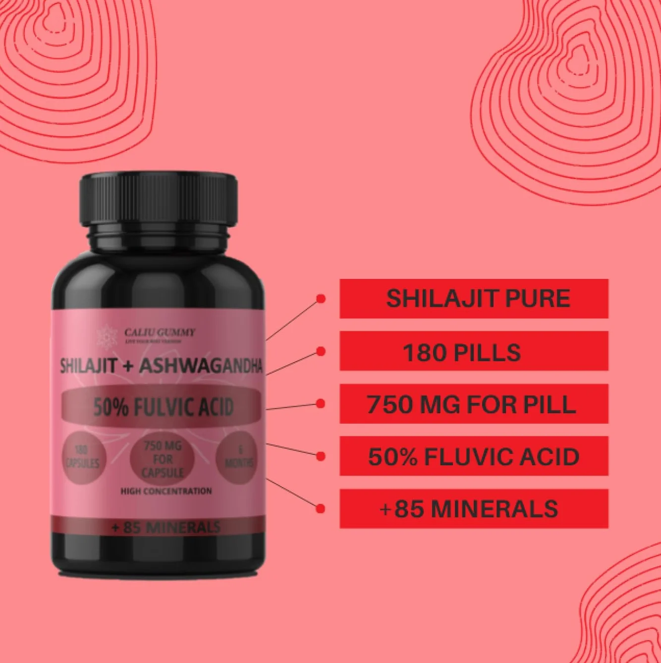 Shilajit Puro | 180 Capsule | 50% Acido Fulvico | 6 mesi | 144000mg | Con Polvere Naturale di Ashwagandha | +85 Minerali | Integratore in Compresse per Uomini con Resina Pura di Shilajit dell'Himalaya