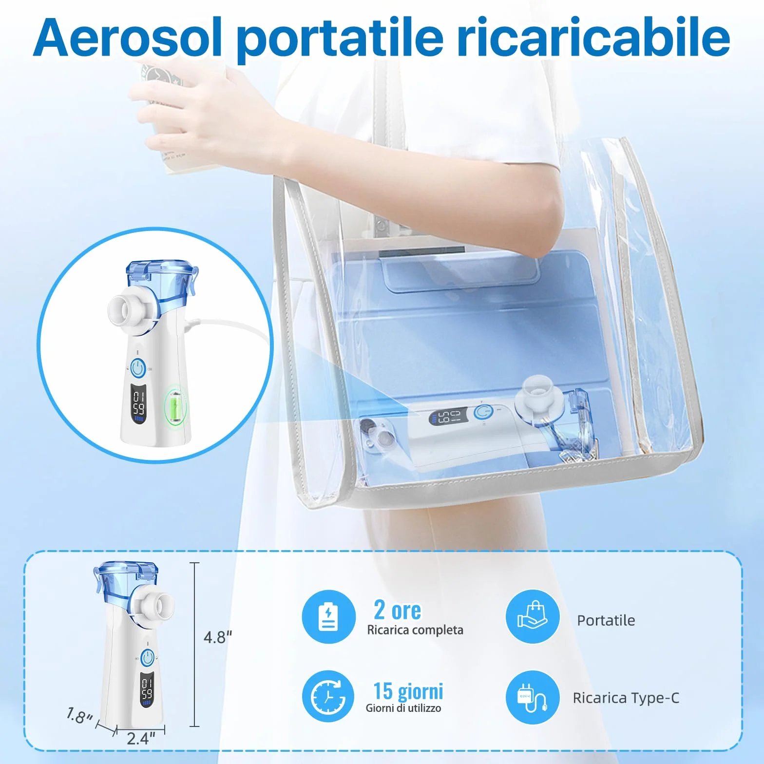 Aerosol Portatile a Ultrasuoni con Ricarica USB-C Nebulizzatore Elettrico Compatto per Adulti e Bambini
