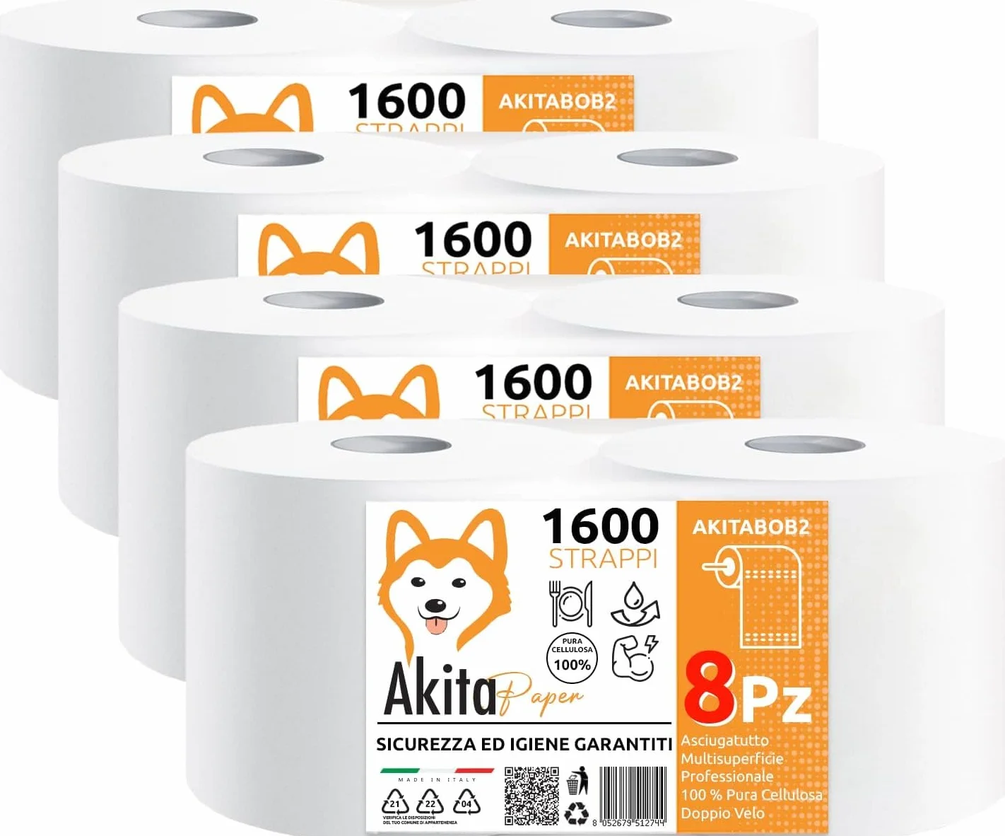 Akitaink Carta Asciugatutto Extra Resistente 2kg 6400 Strappi 2 Veli Pura Cellulosa Bobina Cucina Made in Italy