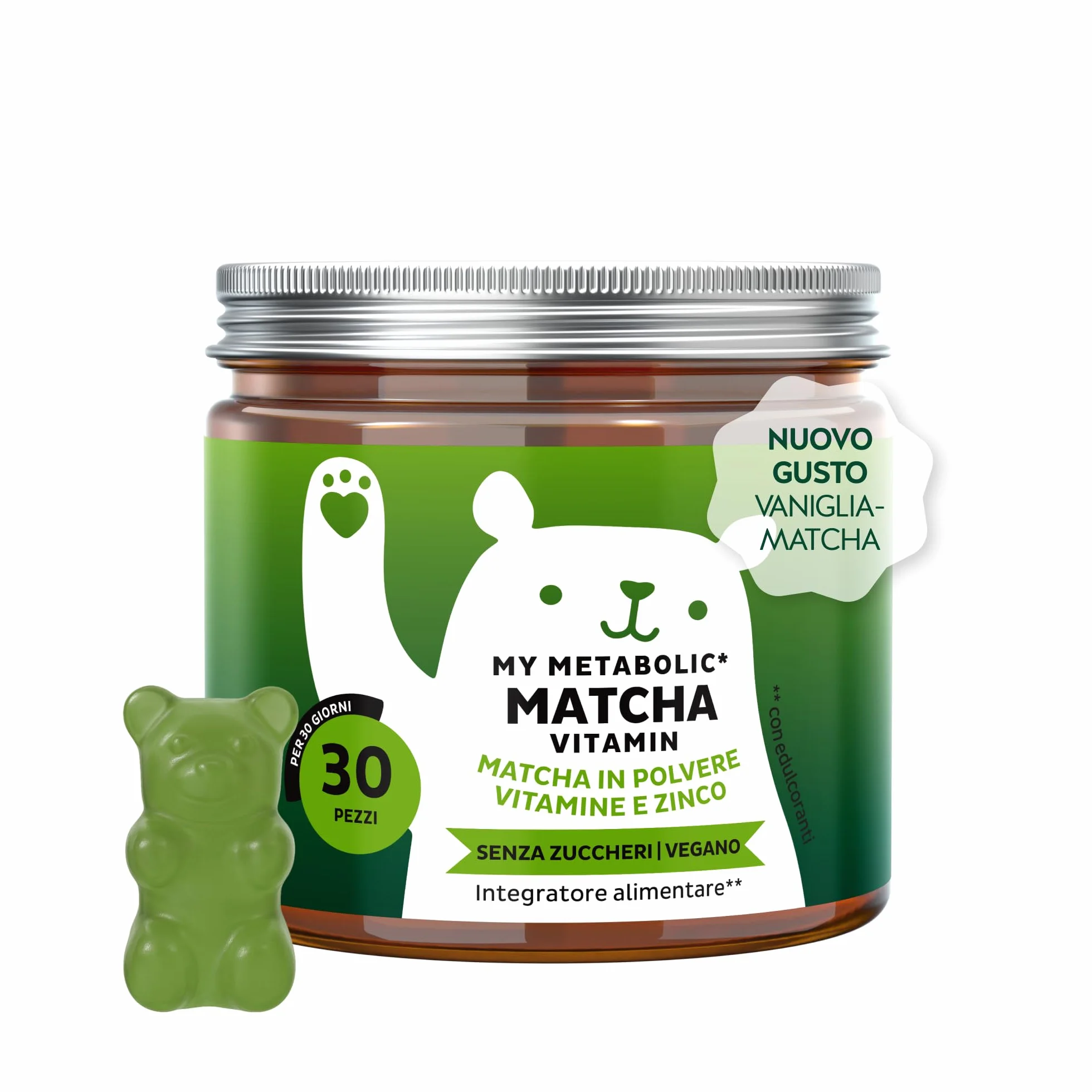 My Metabolic Matcha Vitamin Caramelle Gommose - Integratore Energizzante Naturale - Con Matcha, Vitamina B12, B2, Zinco, Niacina - 30 Pezzi (1 Mese) - Senza Zucchero, Vegano - Bears with Benefits