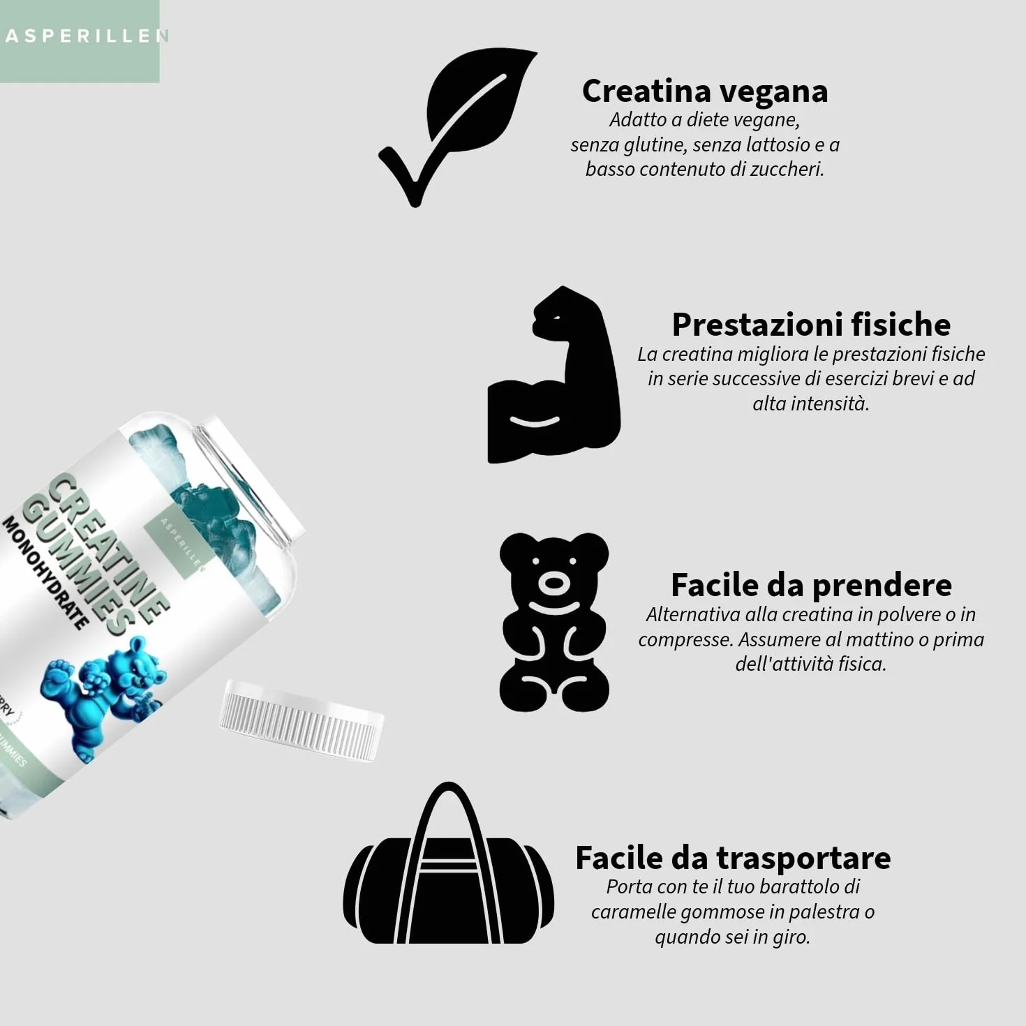 Creatina Monoidrata in Gommose Gusto Mirtillo - 100% Creatina Monoidrato per Prestazioni Fisiche e Potenza Muscolare - Vegano, Senza Glutine, Senza OGM, 60 Unità - Creatine Gummies