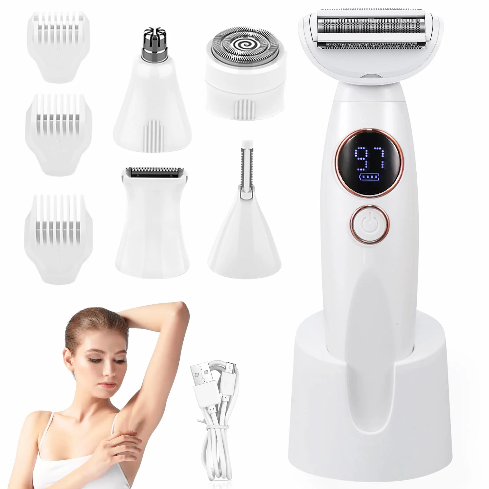 Rasoio elettrico da donna 5 in 1 rasoio intimo da donna IPX7 impermeabile per rasatura bagnata e asciutta, ricaricabile con USB, trimmer per zona bikini, ascelle, gambe e viso