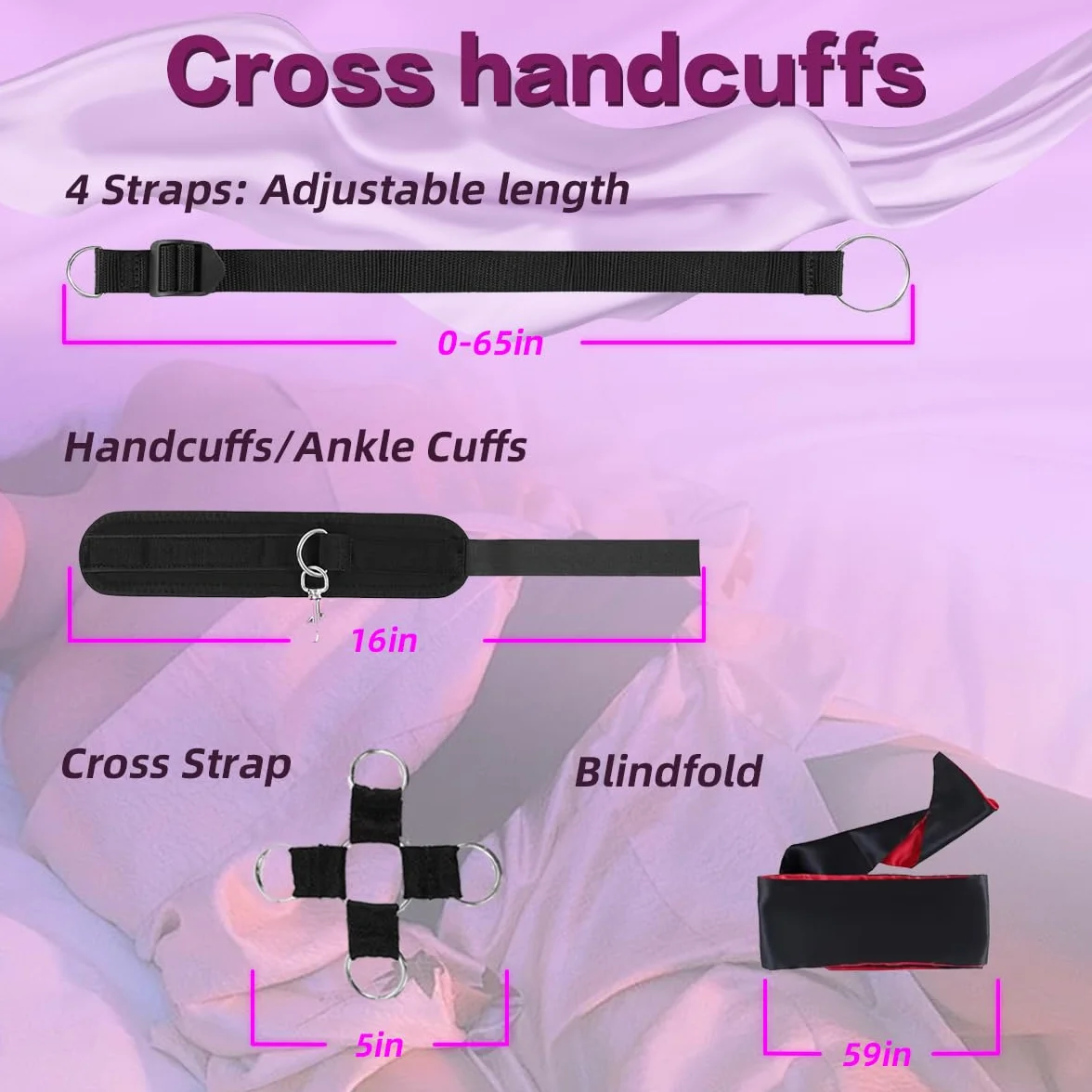 BDSM Bondage Kit per Coppie, Set Restraints con Manette, Bendaggio Occhi, Frustino, Cinghie Letto