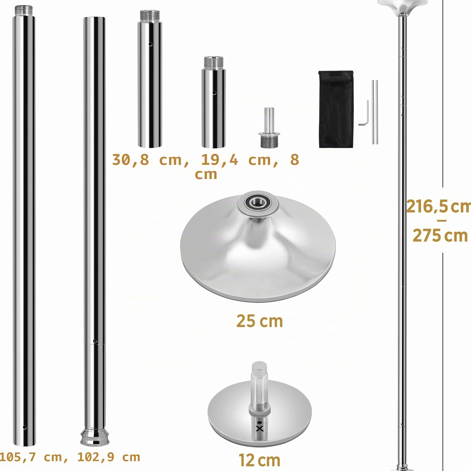 Yaheetech Palo Pole Dance Professionale Regolabile Barra in Acciaio Statico e Girevole Altezza 216,5-275 cm