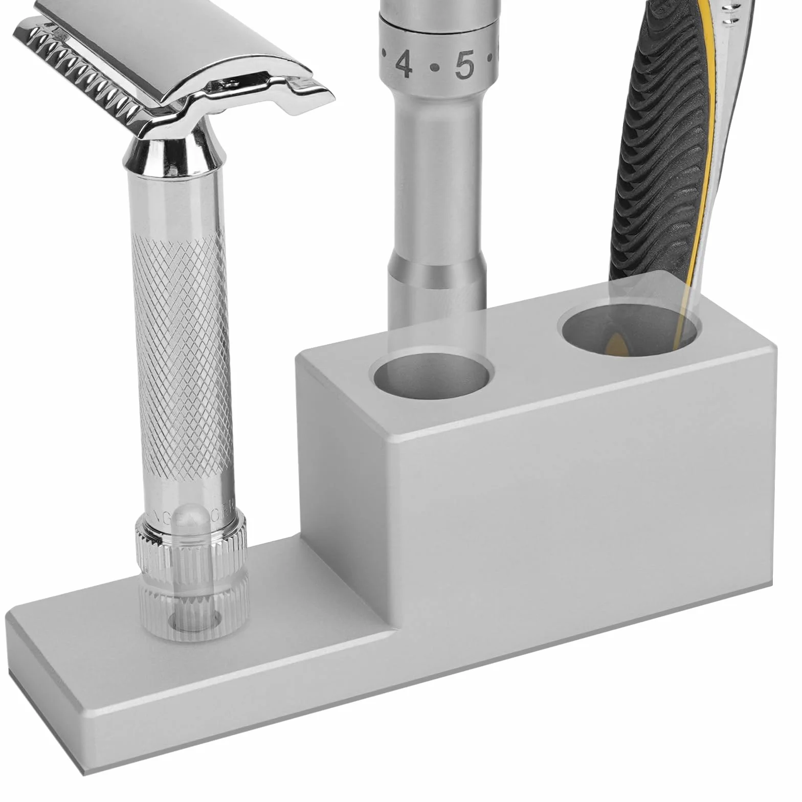 Linkidea Supporto per rasoio lega di alluminio con base di drenaggio,compatibile con lame Vikings e rasoi di sicurezza Merkur,espositore da collezione e organizer da bagno,regalo per uomo(argento)