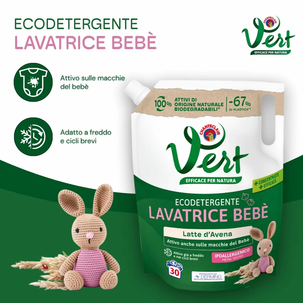 Vert - Ecodetergente Lavatrice Bebè - Fragranza Latte d'Avena, 100% Origine Naturale, Superefficace anche sulle Macchie del Bebé, Ipoallergenico, per Pelli Sensibili - Flacone da 1200 ml, 30 Lavaggi