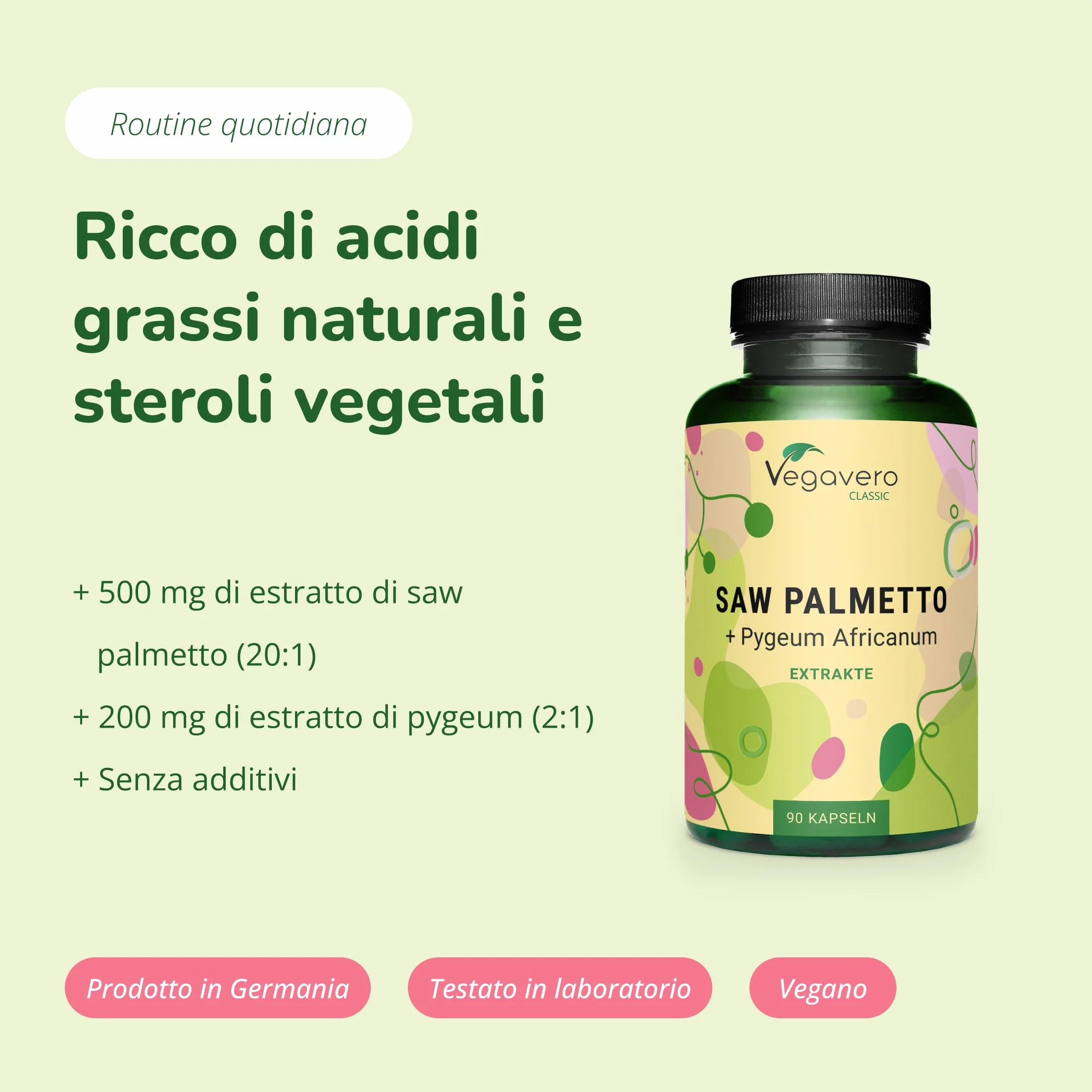 Vegavero® SAW PALMETTO 10.000 mg Pygeum Africanum Serenoa Repens Acidi Grassi Steroli Salute Prostata Capelli 90 capsule Vegan