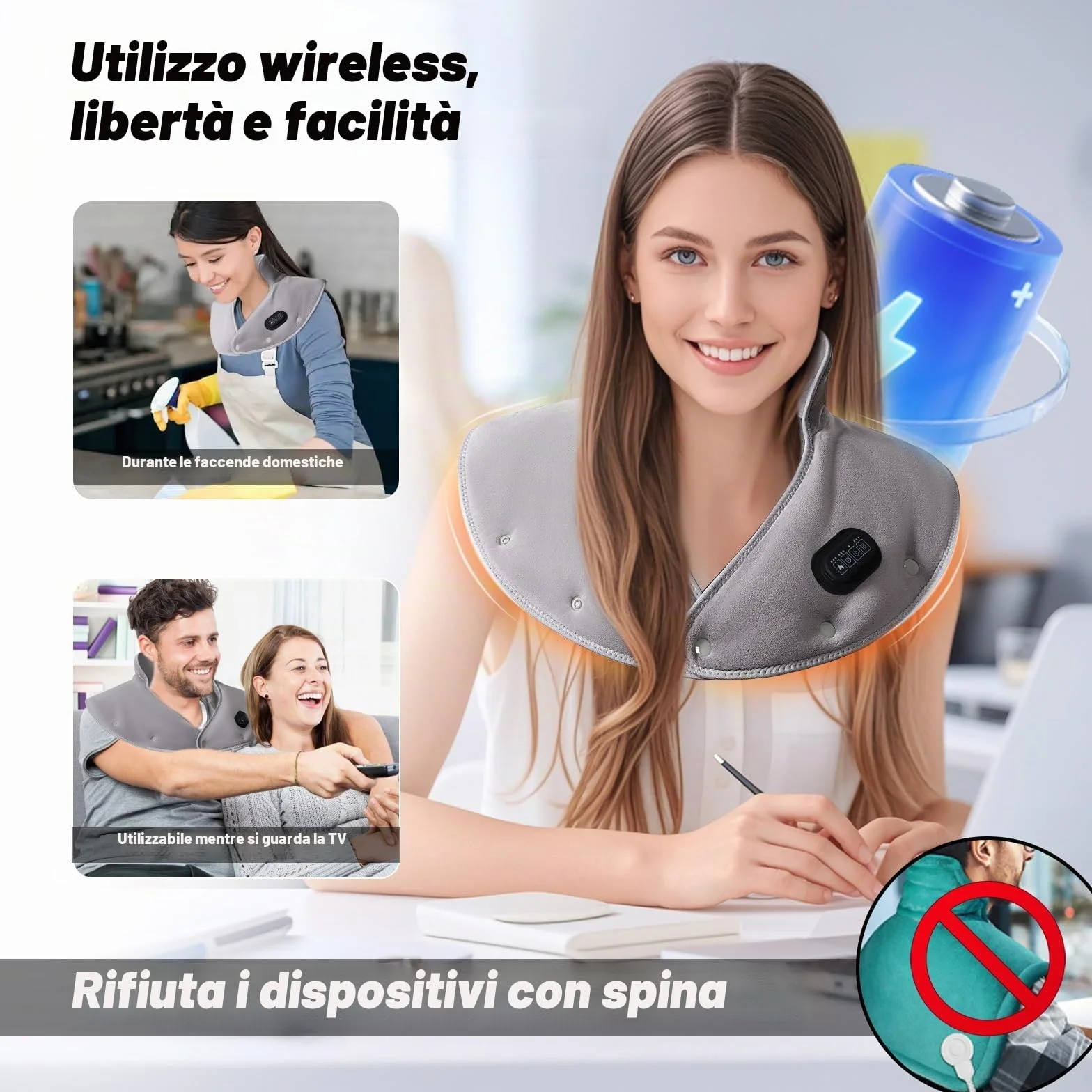 Cuscino termico senza fili per collo e spalle - 3 livelli di temperatura, 3 livelli di vibrazione, 3 timer, ricarica USB - Cuscino termico elettrico portatile, regalo per donne