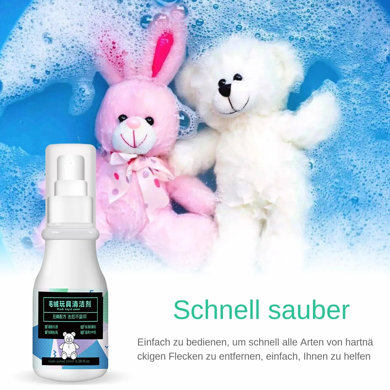 Pulitore a secco di peluche, pulitore per animali di peluche, 100 ml, soluzione di pulizia per divani di stoffa e sedili auto