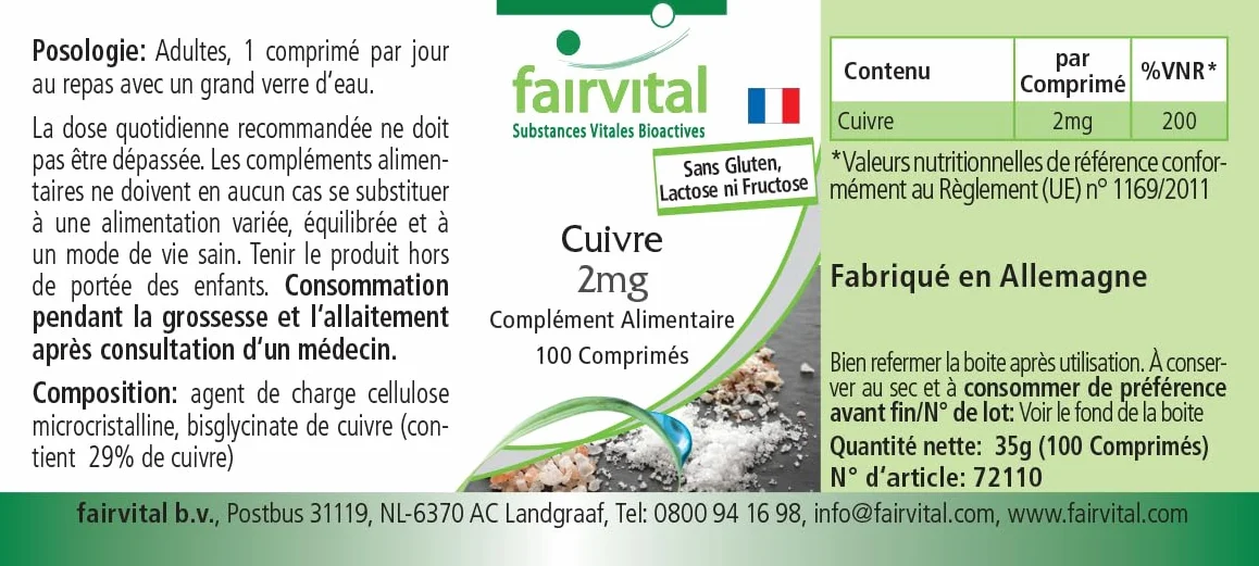 fairvital Compresse di rame 2 mg, ALTO DOSAGGIO, integratore alimentare a base di bisglicinato di rame, vegano, 100 compresse, facili da deglutire