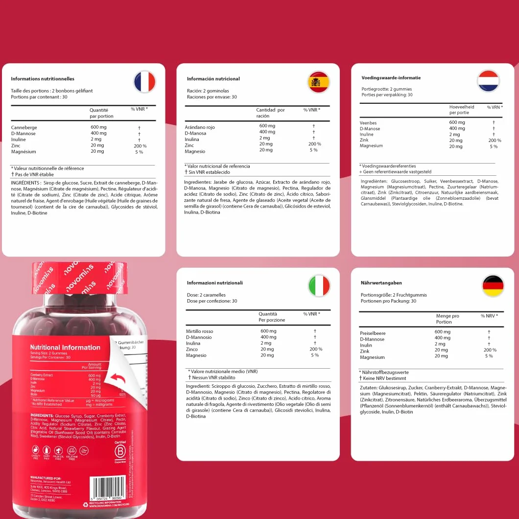 Mirtillo Rosso e D-Mannosio Gommose – 600 mg Mirtillo + 400 mg D-Mannosio – con Zinco e Biotina – Vegan, Senza Glutine – 60 Gommose Gusto Fragola – Novomins