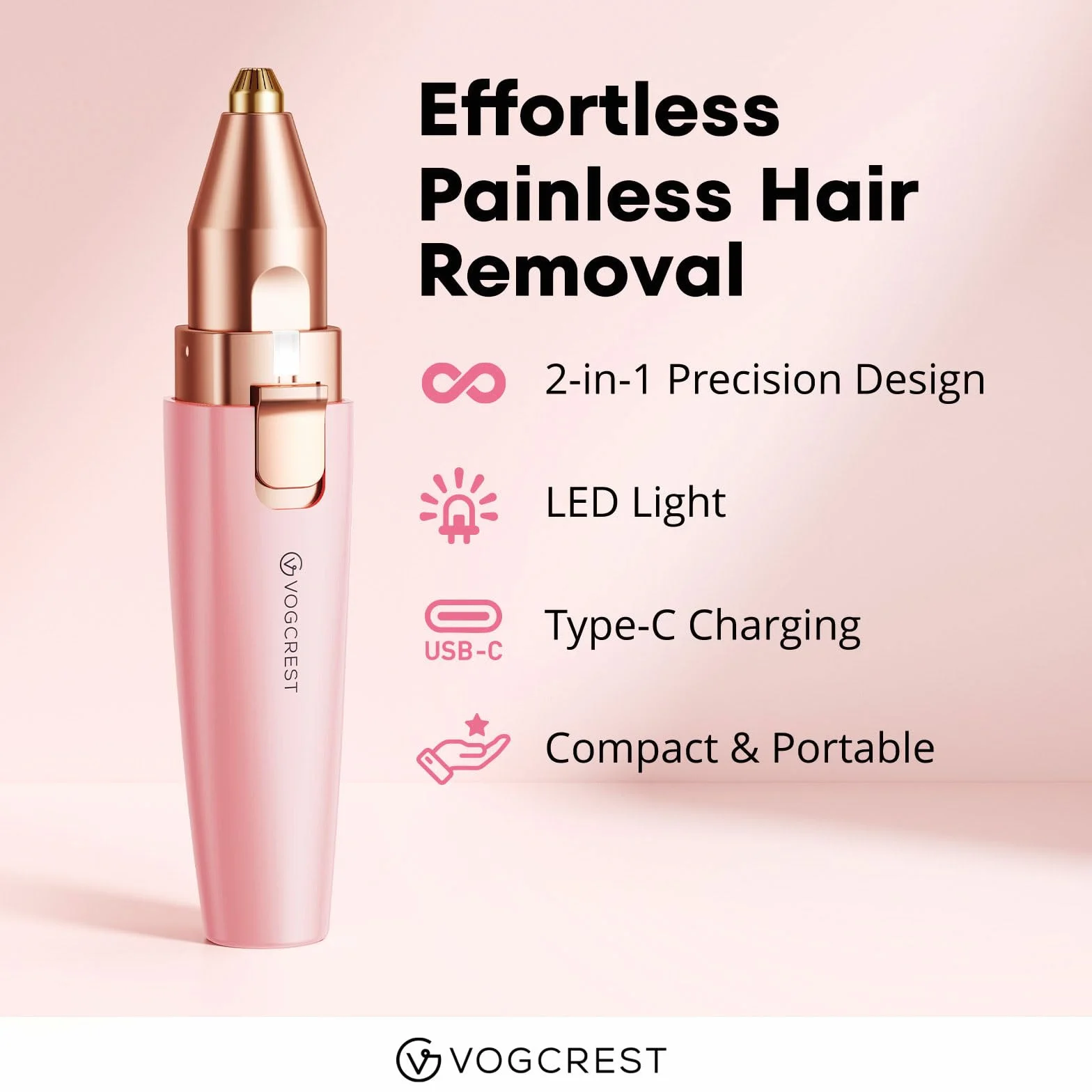 VG VOGCREST Rasoio viso per sopracciglia: 2 in 1 ricaricabile per la rimozione dei peli del viso e delle sopracciglia, rasoio per viso, labbra, corpo, indolore, con luce LED integrata (PINK)