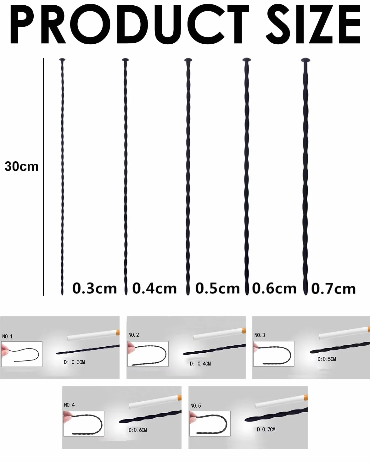 Dilatatore uretrale per pene,5 pezzi,Dilatatore uretrale da 300 mm con connettore,Asta uretrale filettata in silicone morbido,Giocattolo SM per adulti,Nero