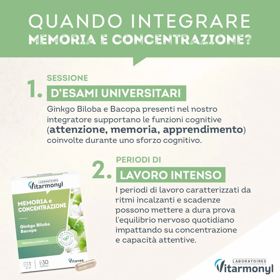 Integratore Alimentare Memoria e Concentrazione Ginkgo Biloba Bacopa 30 capsule Vitarmonyl