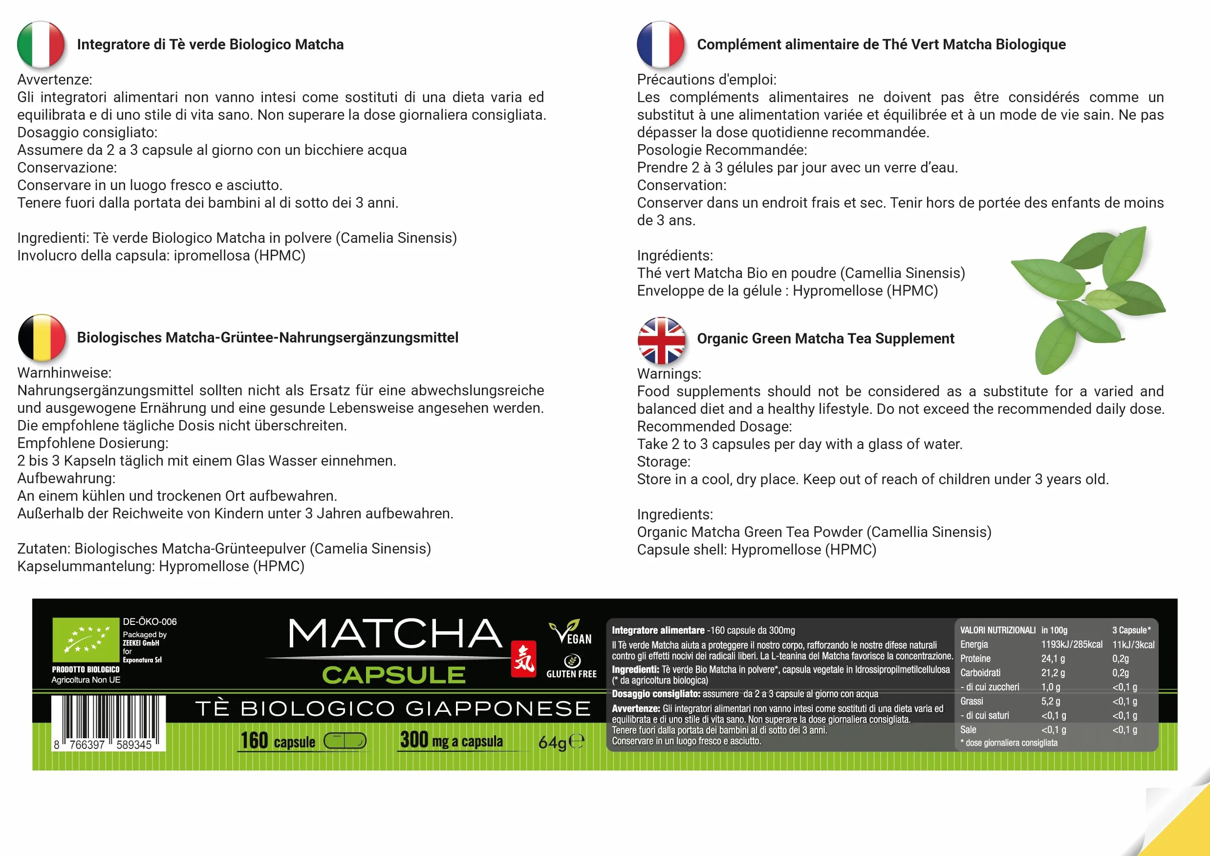 mondomatcha - Tè Verde Matcha Biologico Giapponese – 160 Capsule – Integratore 100% Vegano - Potente antiossidante - Puro e Naturale - Adatto a Vegani e Vegetariani - SENZA ADDITIVI