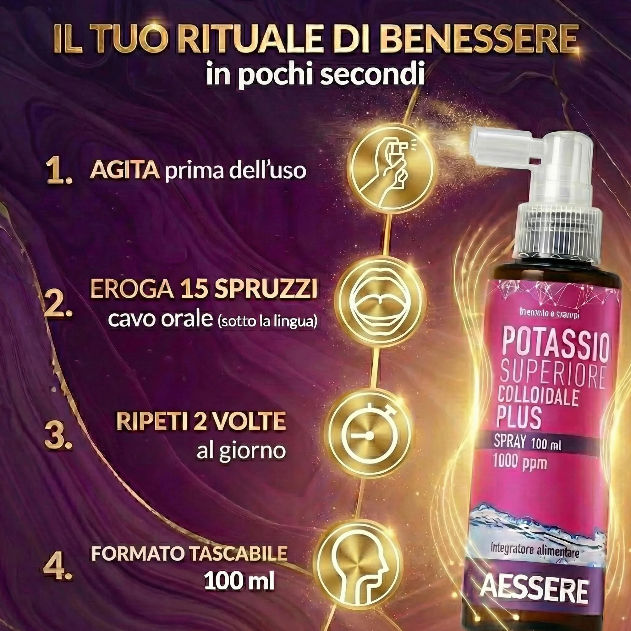 Potassio Colloidale Spray - Integratore di Potassio Plus ad Alta Biodisponibilità 1000 ppm Supporto per Crampi, Muscoli e Sistema Nervoso, Senza Zuccheri, Gusto Neutro - Made in Italy- Aessere 100ml