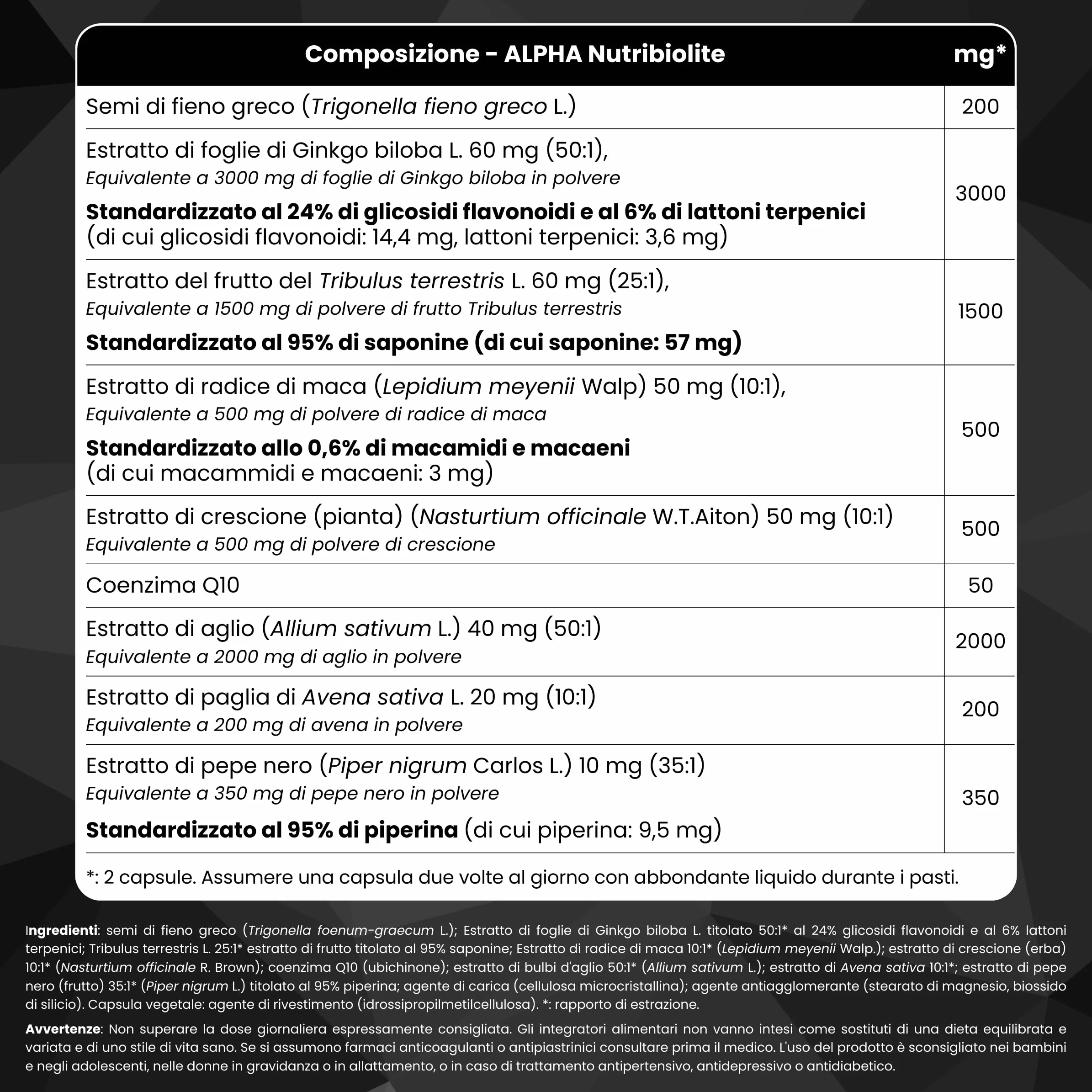 Complesso Altamente Concentrato con Maca, Tribulus, Fieno Greco, Ginkgo, Co-Q10, Piperina. Forza + Resistenza + Energia. Pre-allenamento. 60 capsule vegane - ALPHA