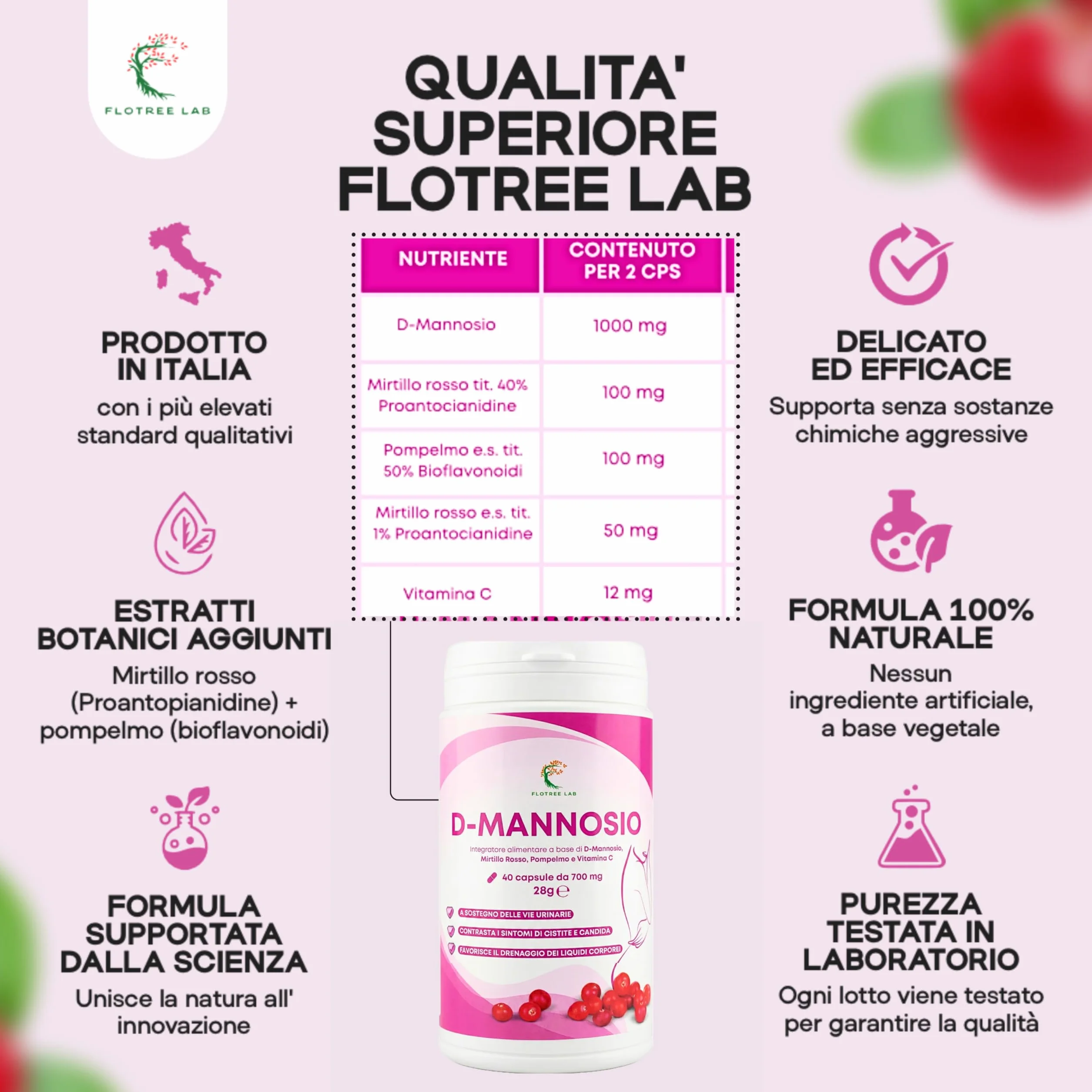FloTree Lab® D Mannosio Cistite con Cranberry, Pompelmo e Vitamina C, 2000 mg, Integratore Vie Urinarie, 40 Capsule
