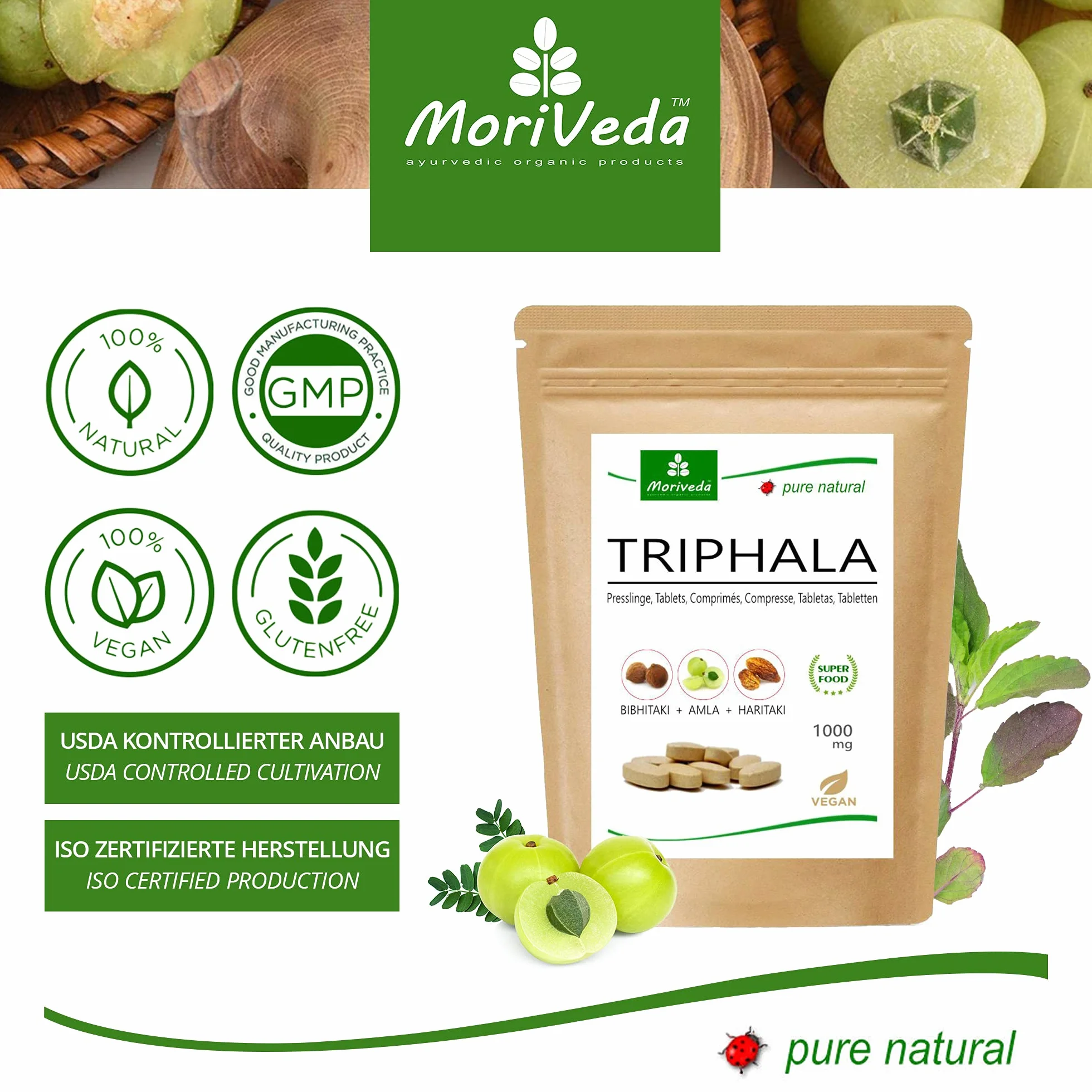 Triphala pellet 1000mg (120 o 360 pezzi) frutti reali ayurvedici Amla (Amalaki), Hiritaki, Bibhitaki - Prodotto di qualità di MoriVeda (120 compresse)