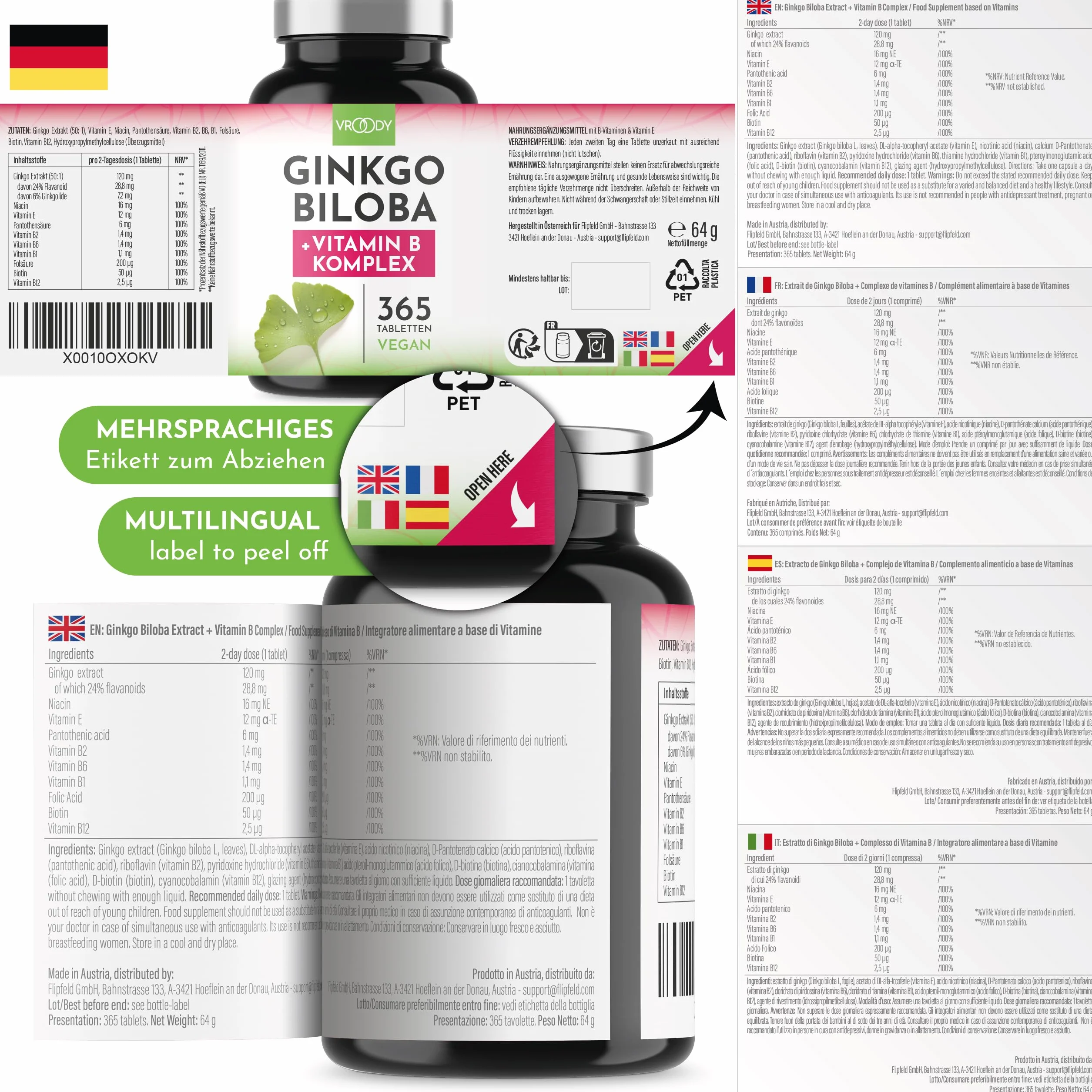 VROODY Ginkgo Biloba estratto vegano ad alto dosaggio 365 compresse vitamina B12