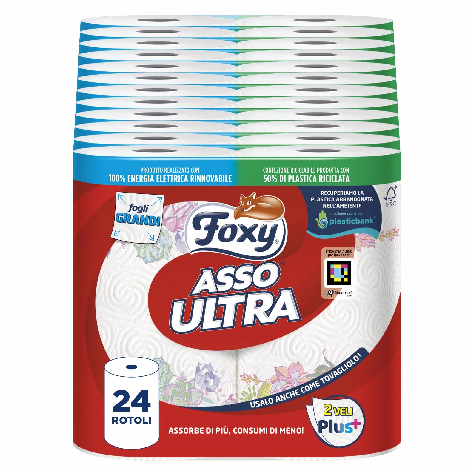 Foxy Asso Ultra Asciugatutto 24 rotoli Veli Plus+ Assorbenti Resistenti Decorato